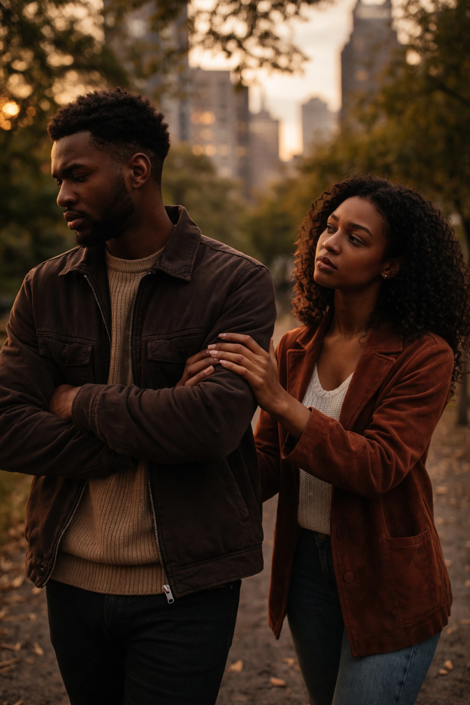 Black couple standing apart in urban park at dusk, highlighting relationship distance and healing challenges for Black men