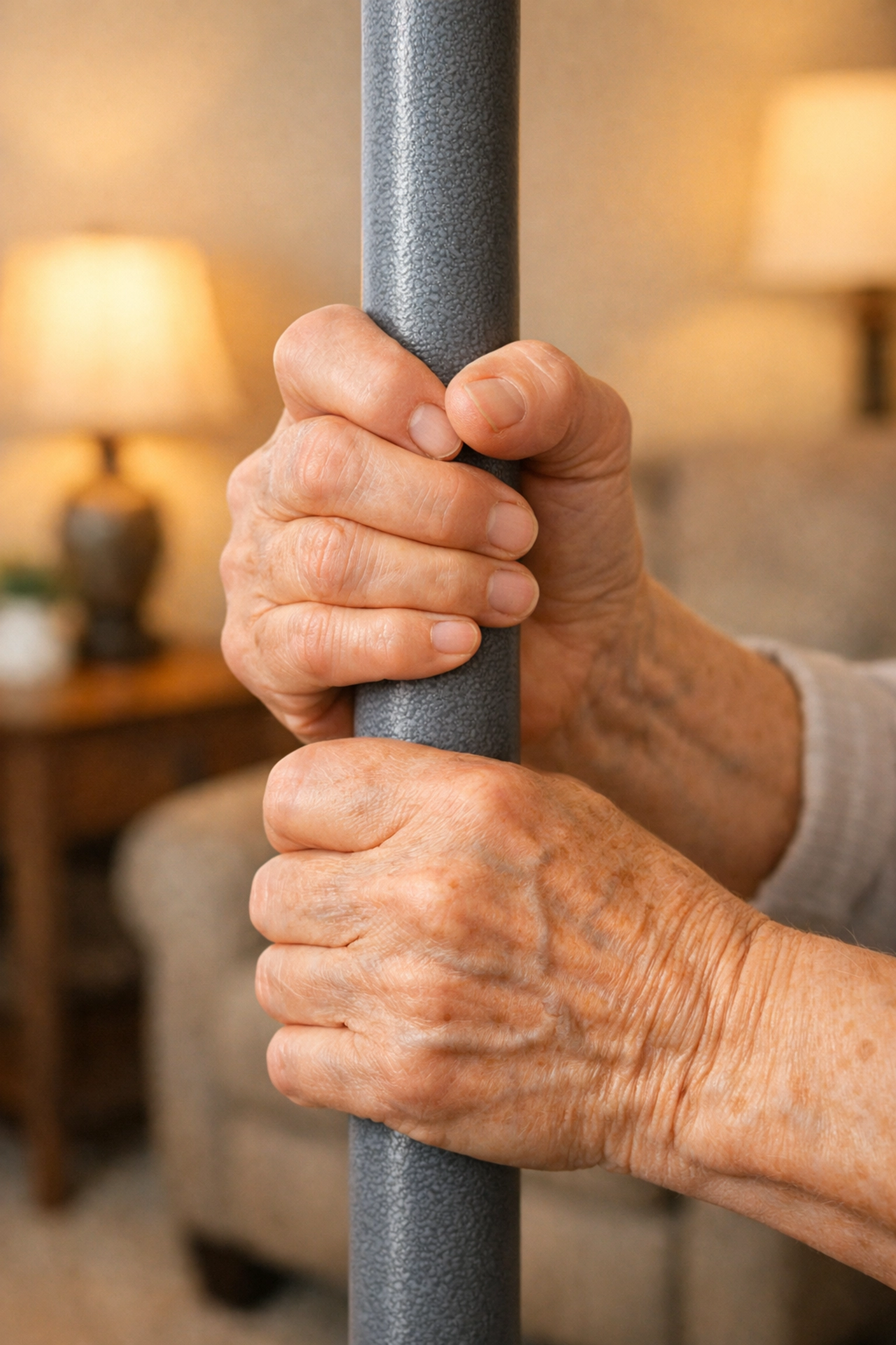 Senior person's hands gripping a non-slip transfer pole for safe standing support.