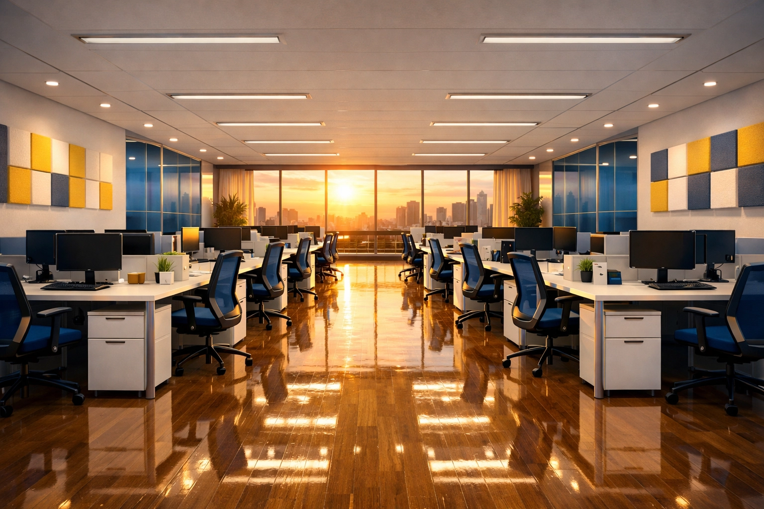 Spotless open-plan office in Scituate featuring sanitized desks and professionally maintained hardwood floors.