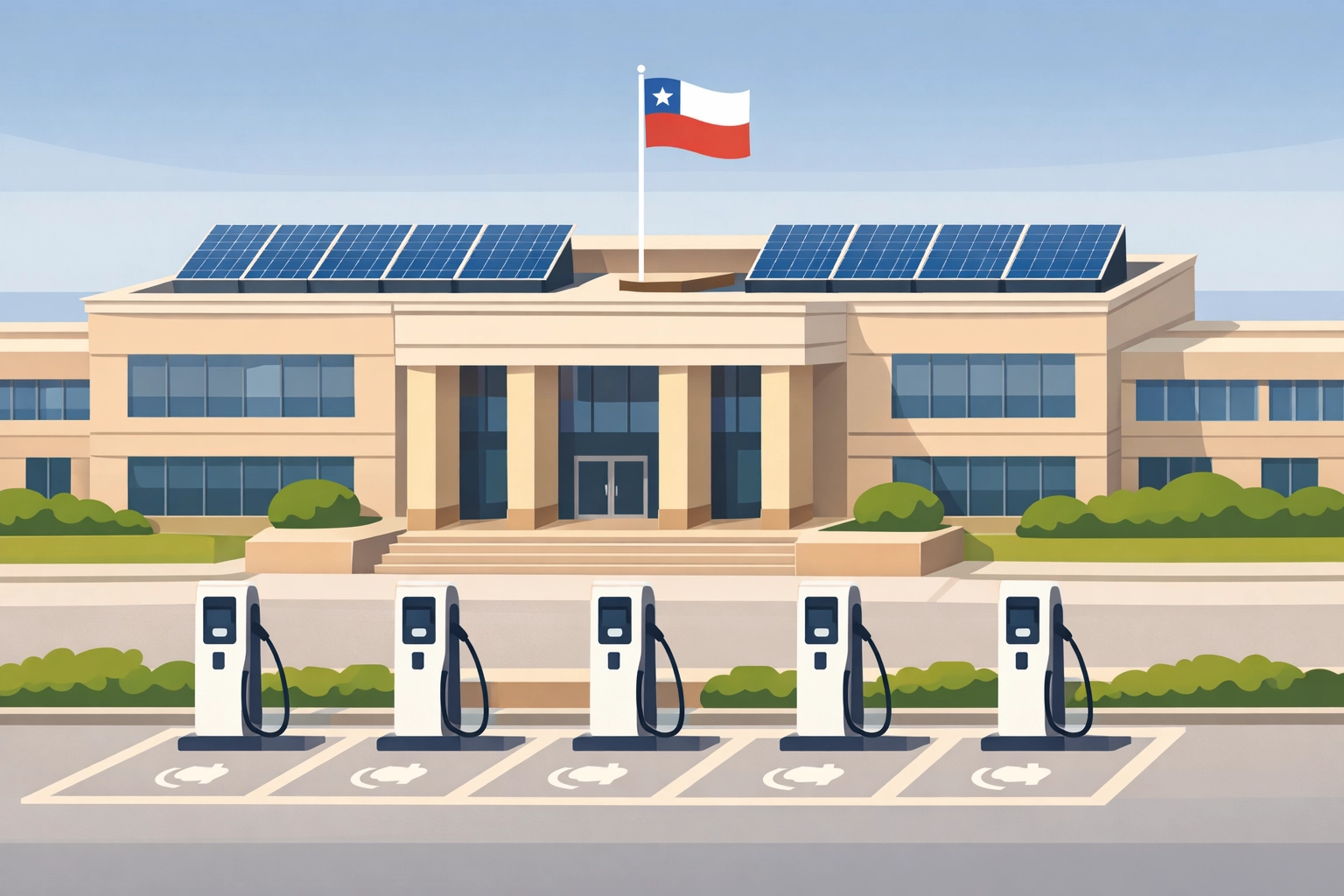 Government building with solar panels and EV charging stations for net zero initiative