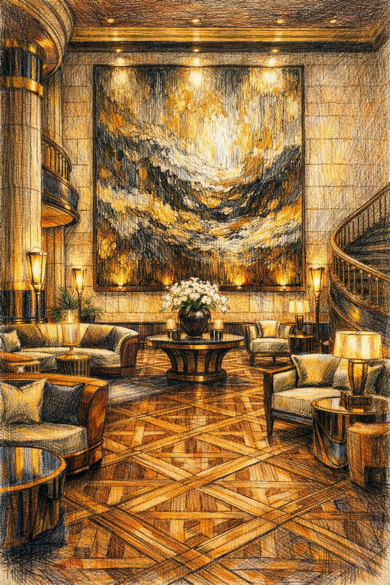 Luxury boutique hotel lobby featuring Versailles parquet flooring and contemporary wall art.