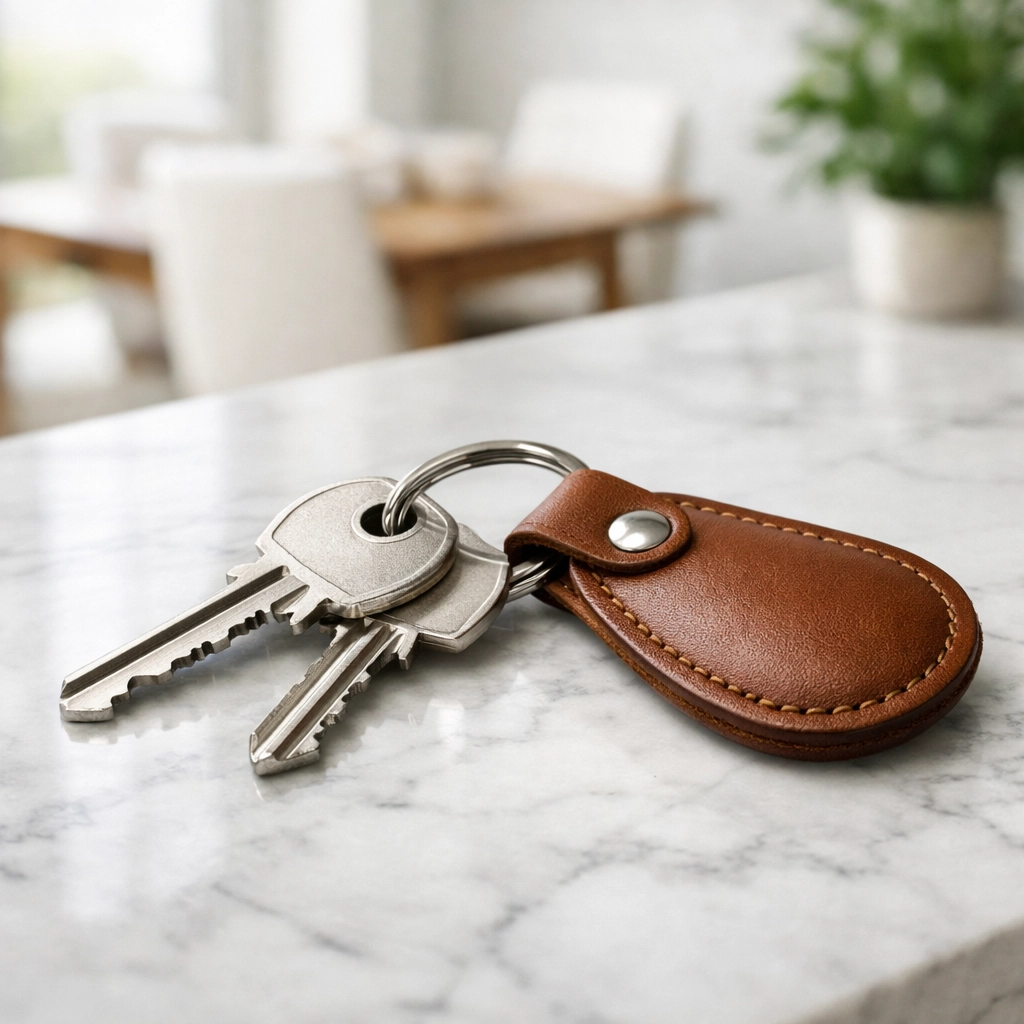 Silver house keys on a marble counter representing a successful Denver real estate closing.