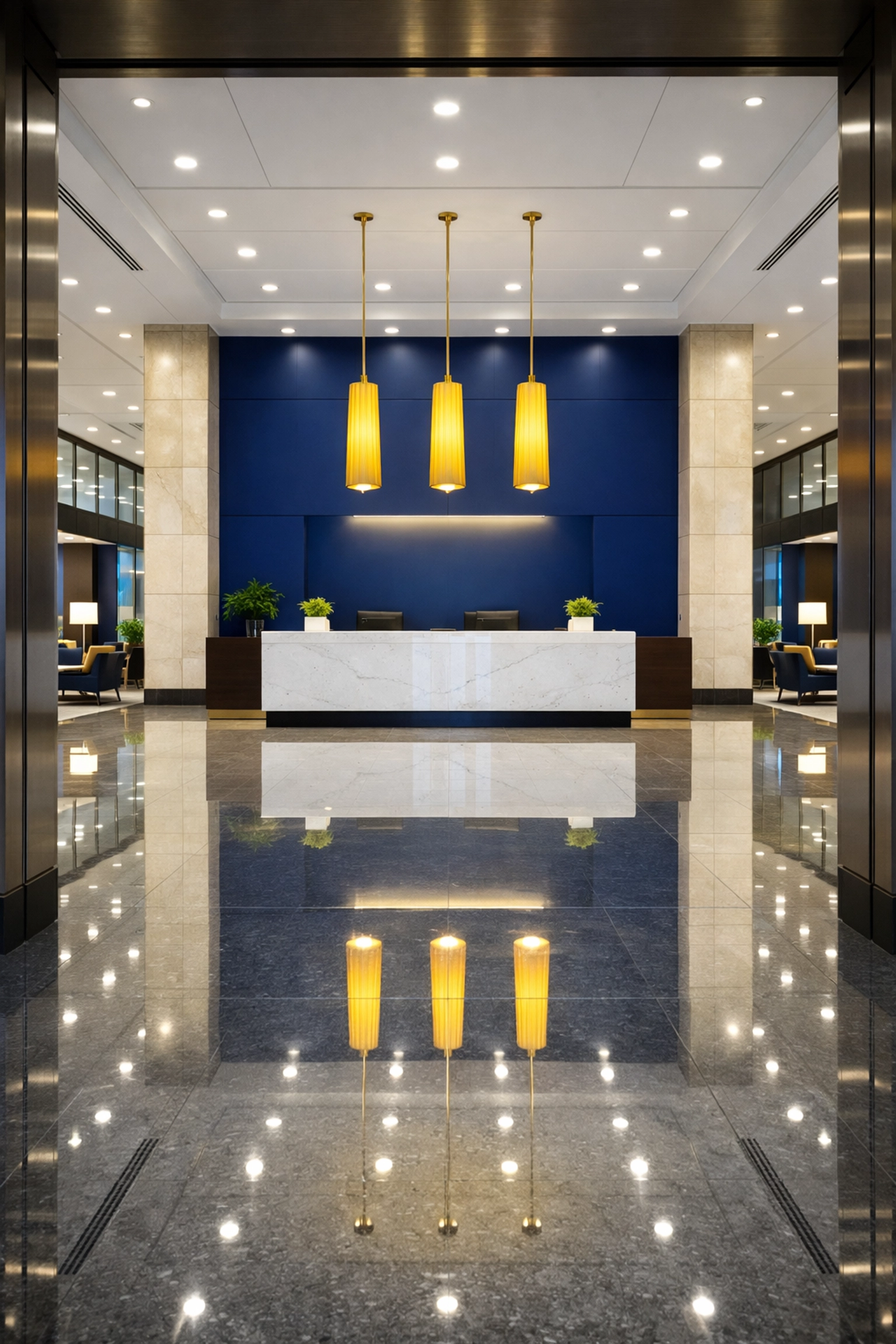 Professionally cleaned office lobby in Fitchburg featuring polished floors and a spotless, welcoming entrance.