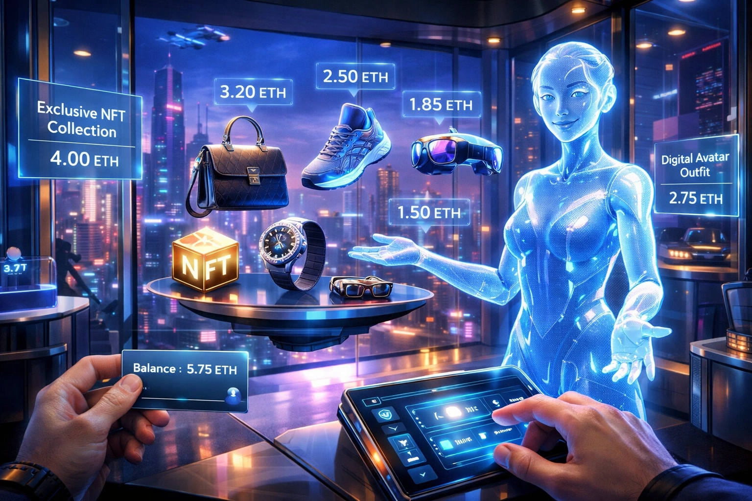 Interactive AI shopping assistant guiding a user through a futuristic metaverse boutique using Web3 payments.