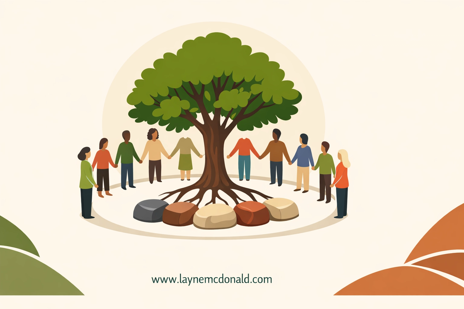 Unified church staff standing around a growing tree representing leadership culture and spiritual alignment.