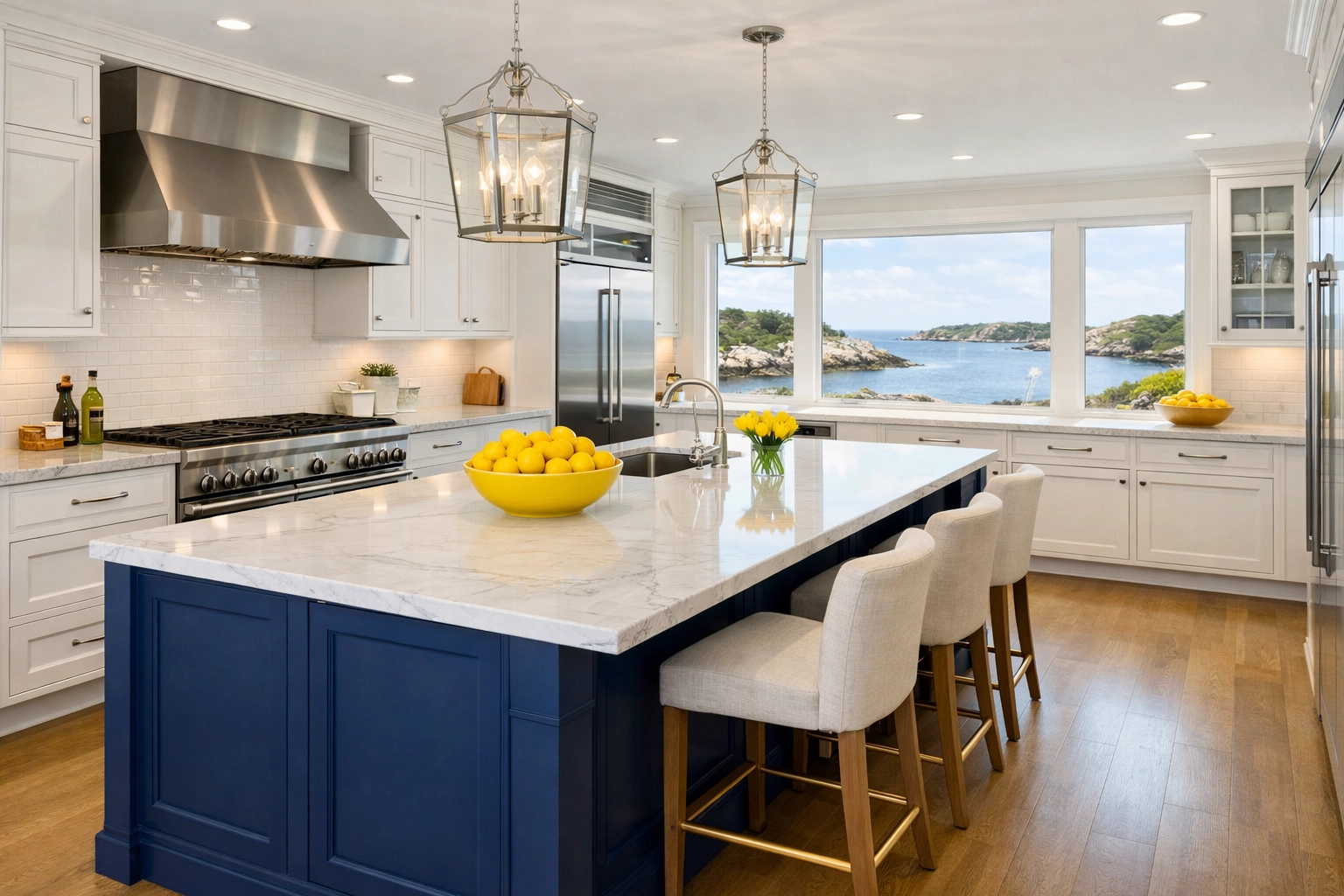 Spotless marble kitchen after deep cleaning luxury waterfront properties in Cohasset for a local estate.