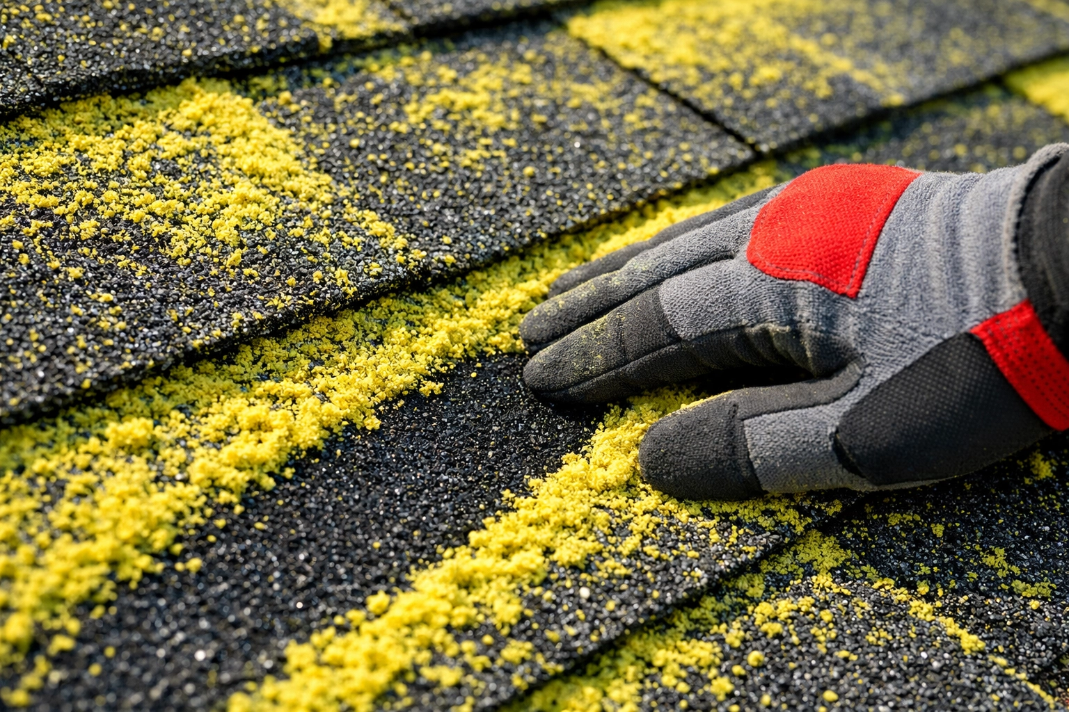 Roofer cleaning yellow dust off asphalt shingles to ensure adhesion during a Salisbury roof replacement.