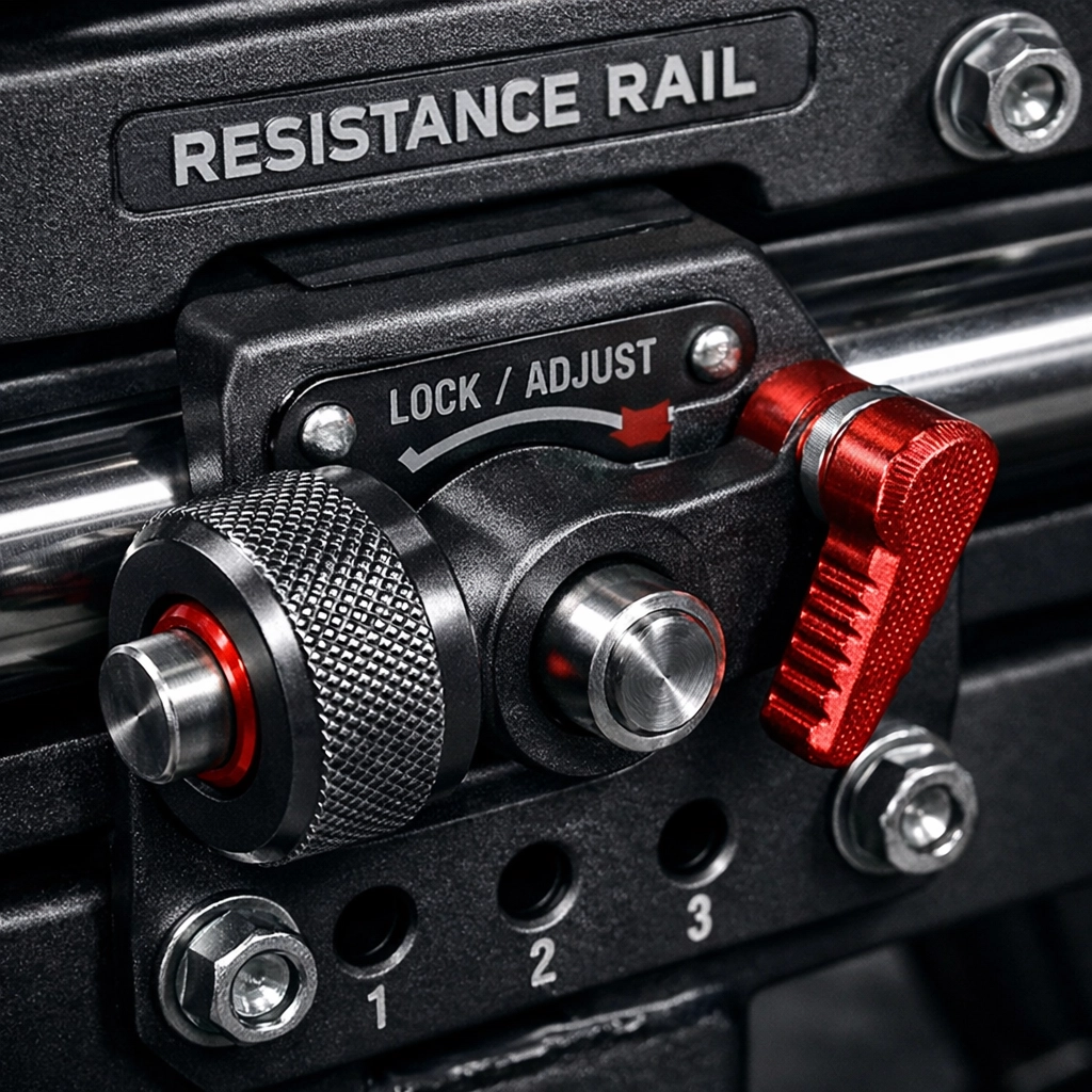 Close-up of the high-performance Resistance Rail adjustment mechanism showing its durable industrial construction.