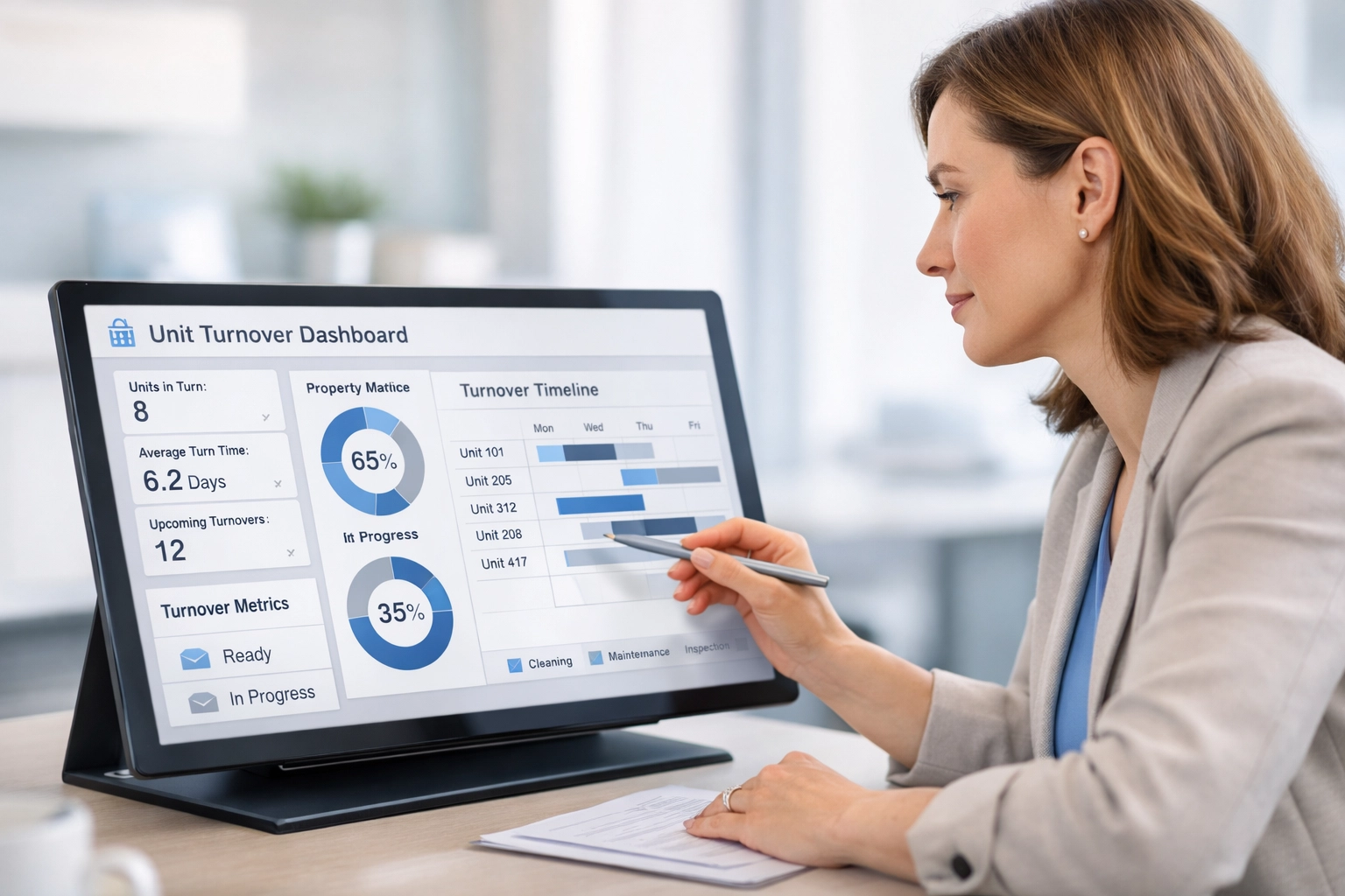 Property manager tracking unit turnover metrics on digital dashboard