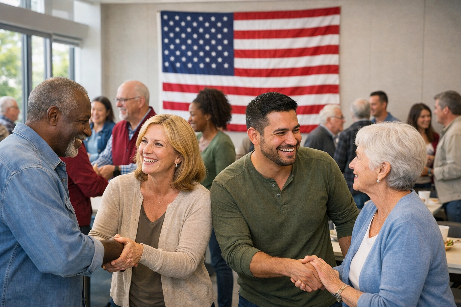 Community members gathering for a civic engagement event in a center with an American flag backdrop.