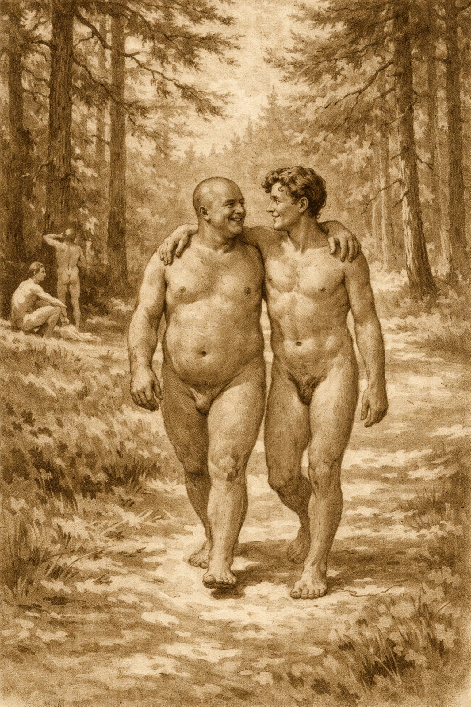 Early 20th century naturist movement in German forest with LGBTQ+ community members