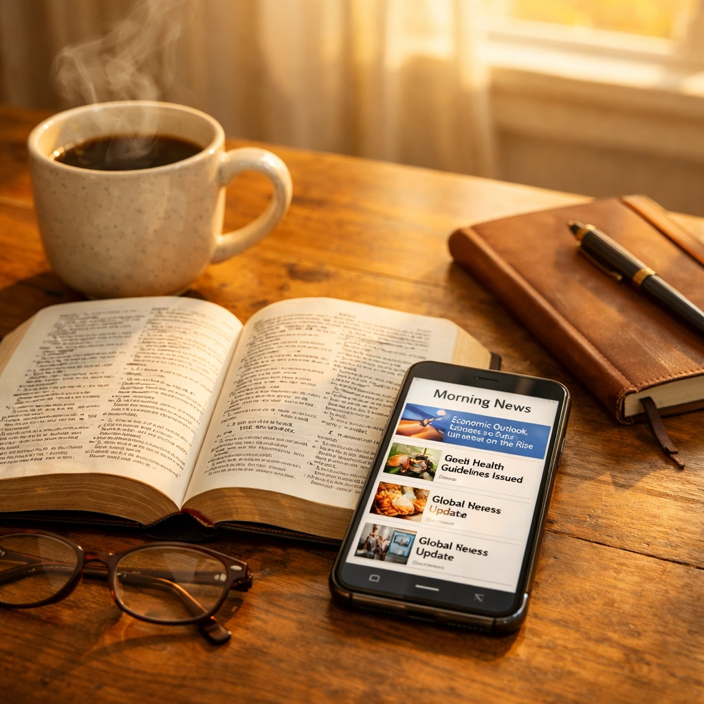 Morning Bible study with coffee and smartphone showing news headlines on breakfast table