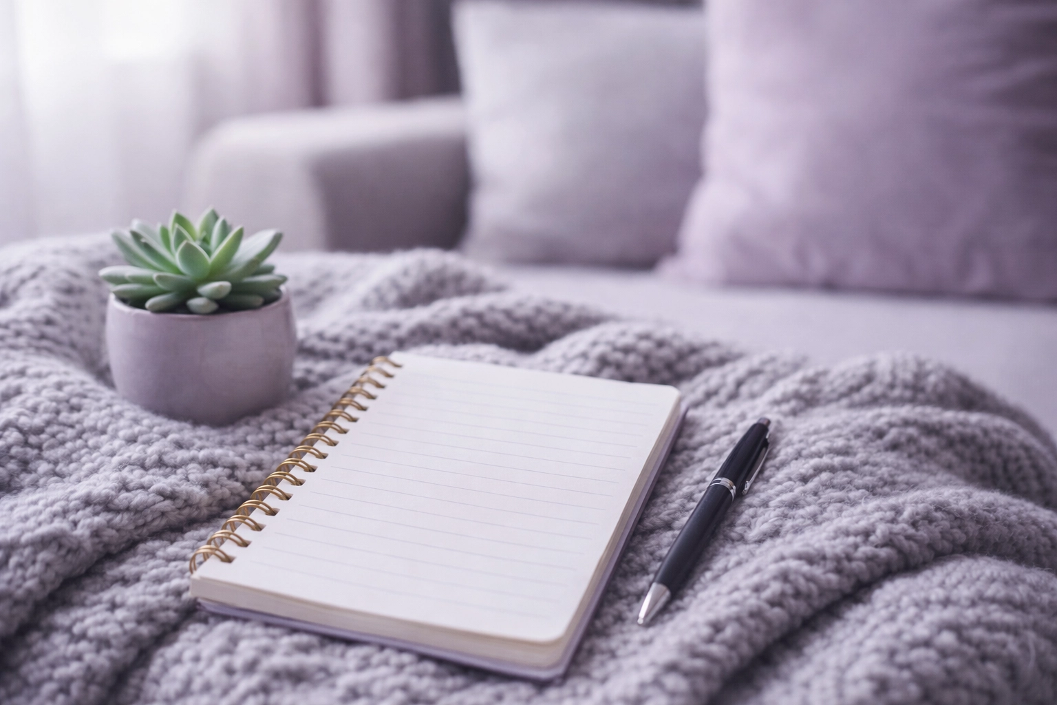 A professional, calming photograph of a notebook on a soft grey throw, representing organization and mental clarity.