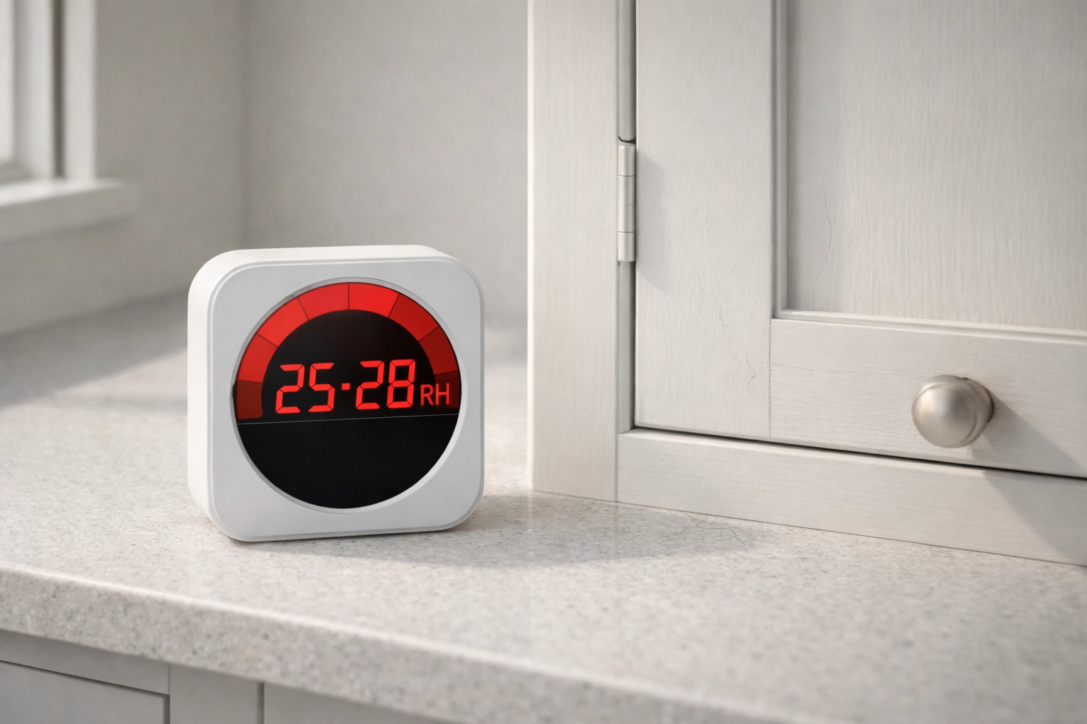 Digital hygrometer reading 25–28% RH on a quartz countertop beside neutral shaker cabinets with subtle joint gap and faint finish crack, soft natural light