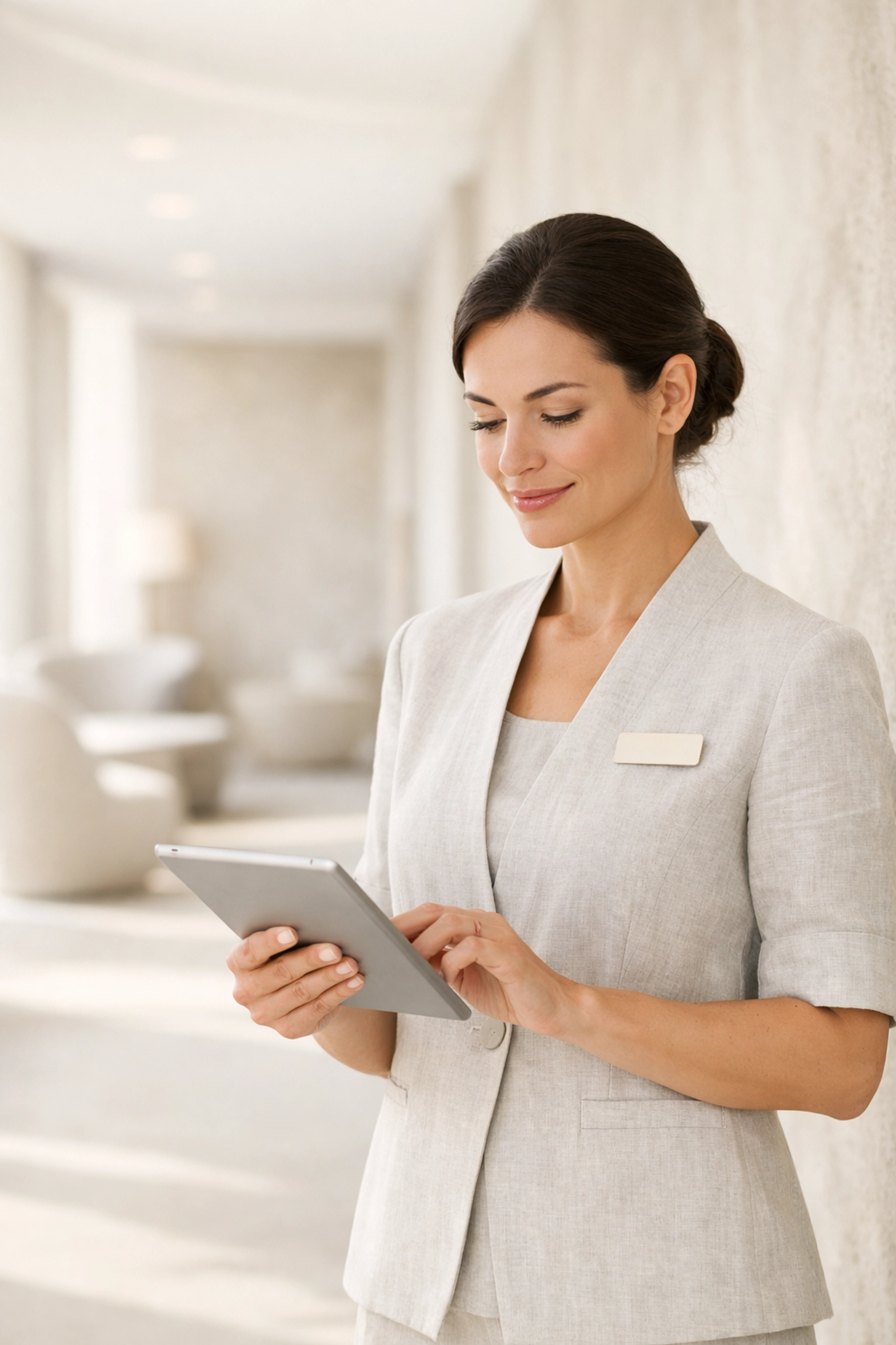 Hotel staff member using a tablet to manage daily operations and guest services in a luxury property.
