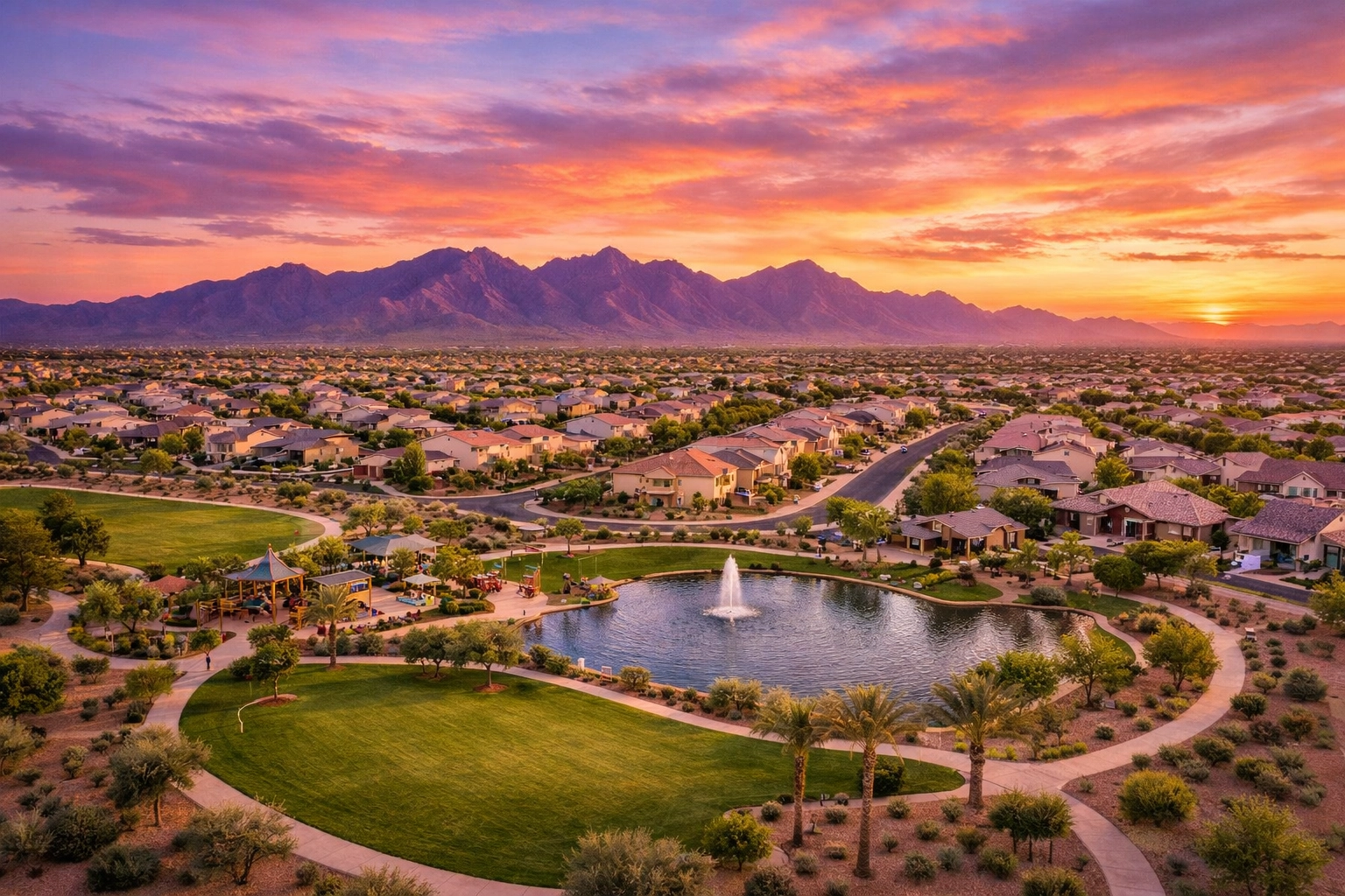 Aerial view of a Buckeye master-planned community at sunset near White Tank Mountains and local parks. Aerial view of a Buckeye master-planned community at sunset near White Tank Mountains and local parks.
