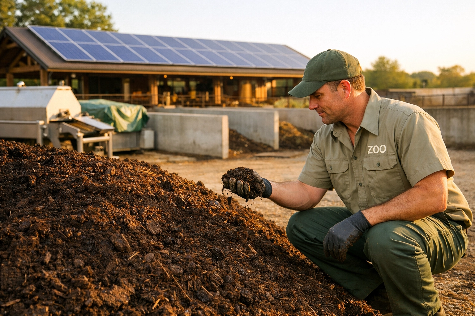 Zoo staff inspecting an on-site composting facility as part of a sustainable waste management program.