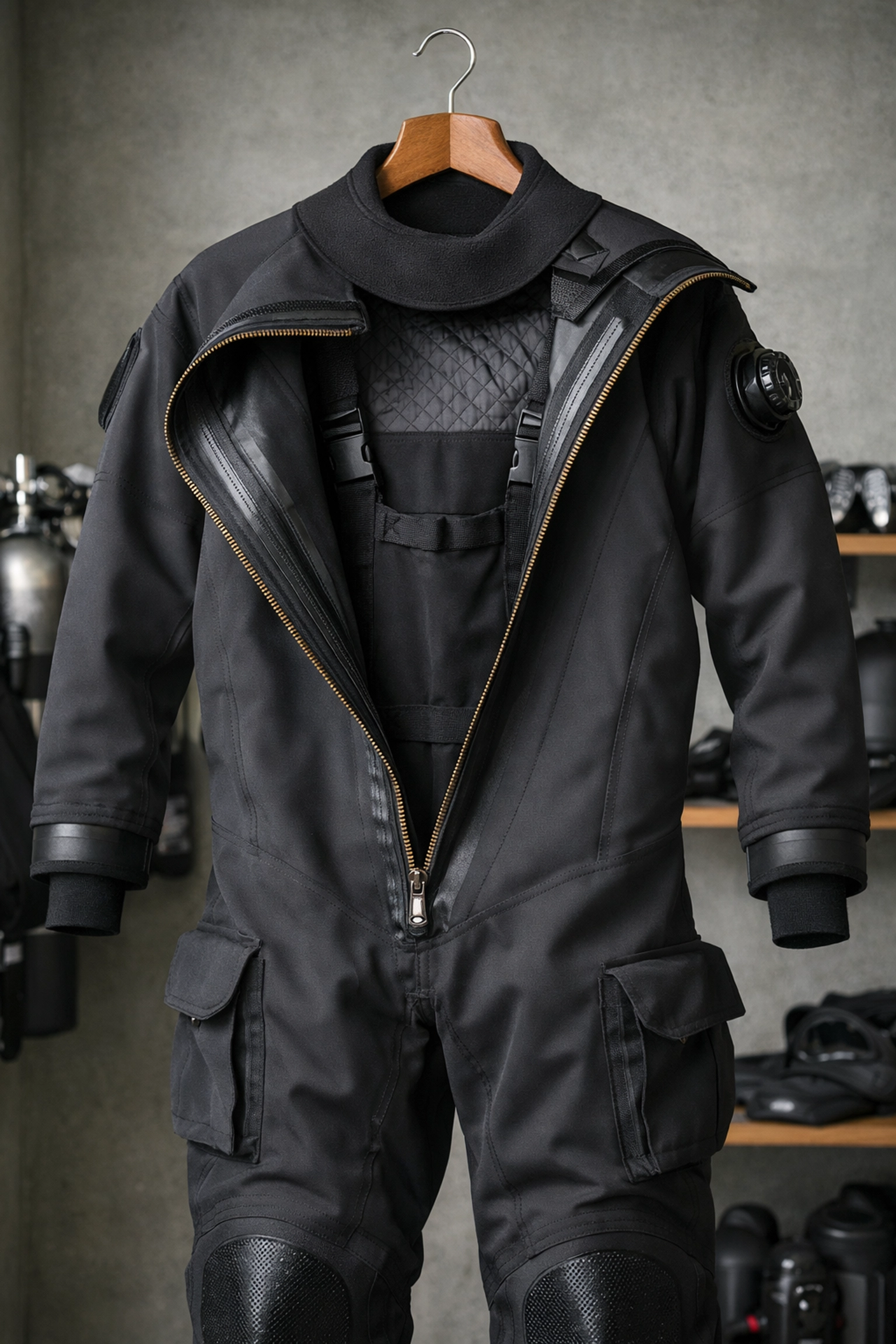 Trockentauchanzug richtig lagern auf Kleiderbügel mit offenem Reißverschluss