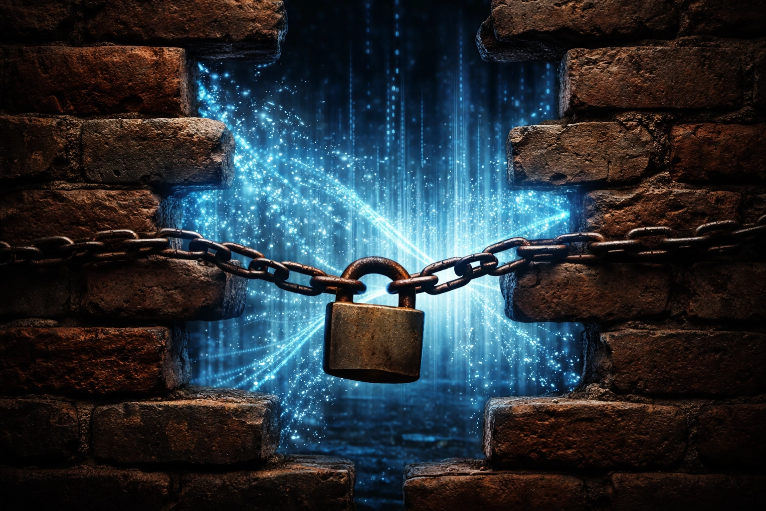 Traditional padlock and brick wall with digital code streams passing through, illustrating failures of legacy network security against AI ransomware