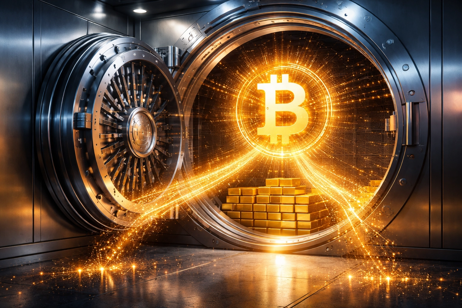 Bitcoin hovering over a vault bridging gold and crypto, representing digital asset adoption by institutions