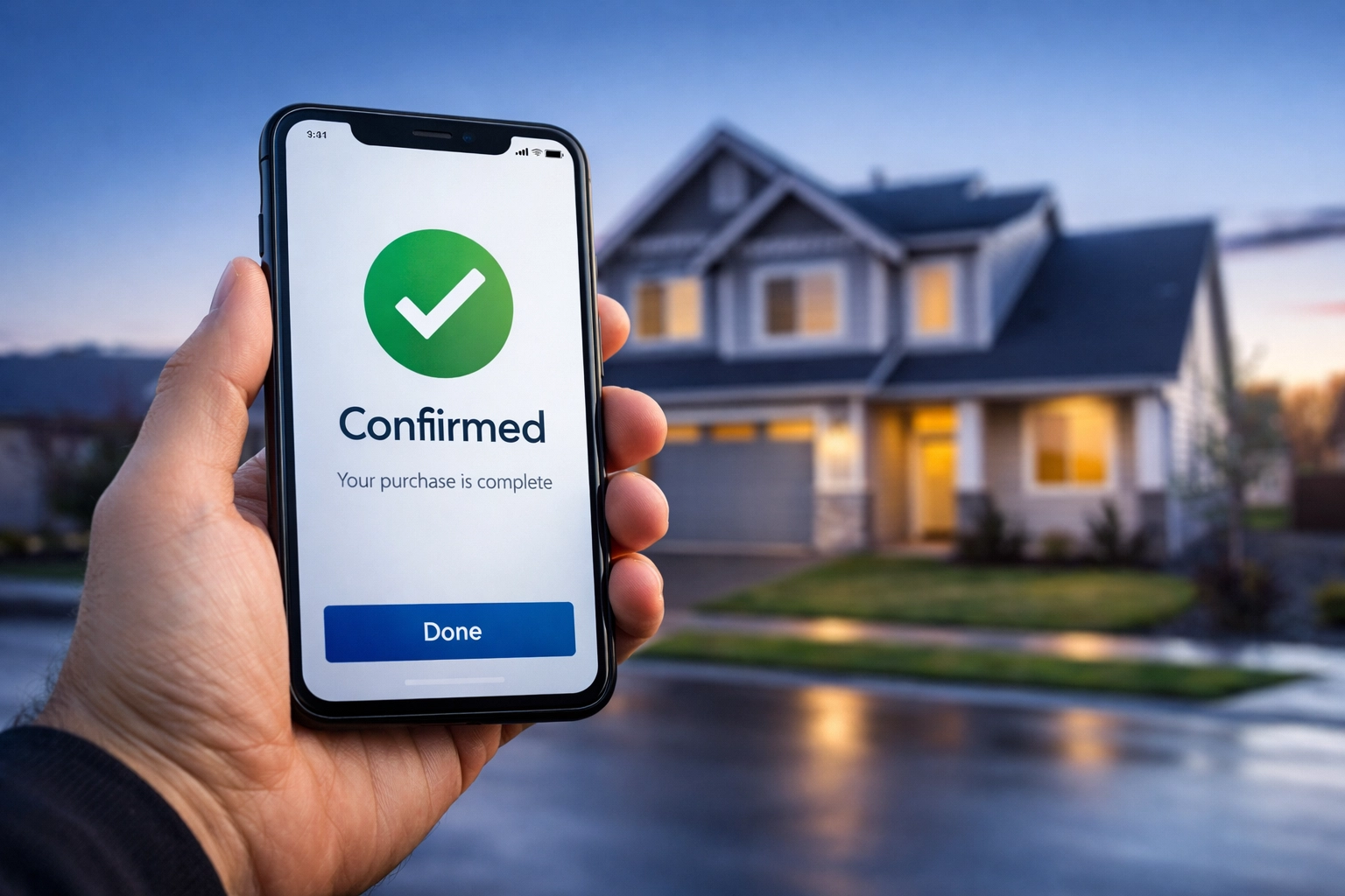 A smartphone displaying a mortgage approval notification with a new family home in the background.