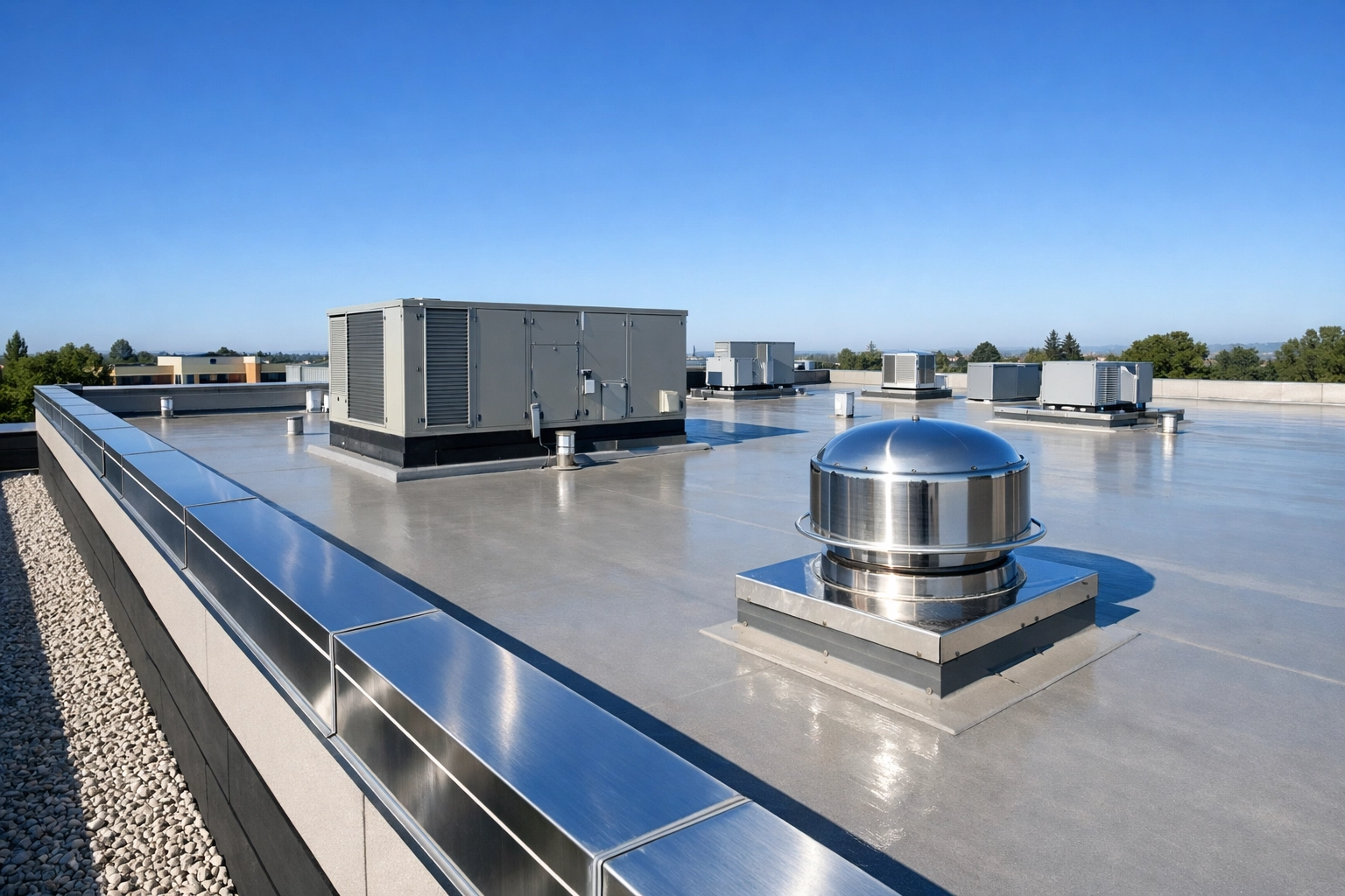 Well-maintained commercial rooftop with clean gutters and secure flashing for business property protection.