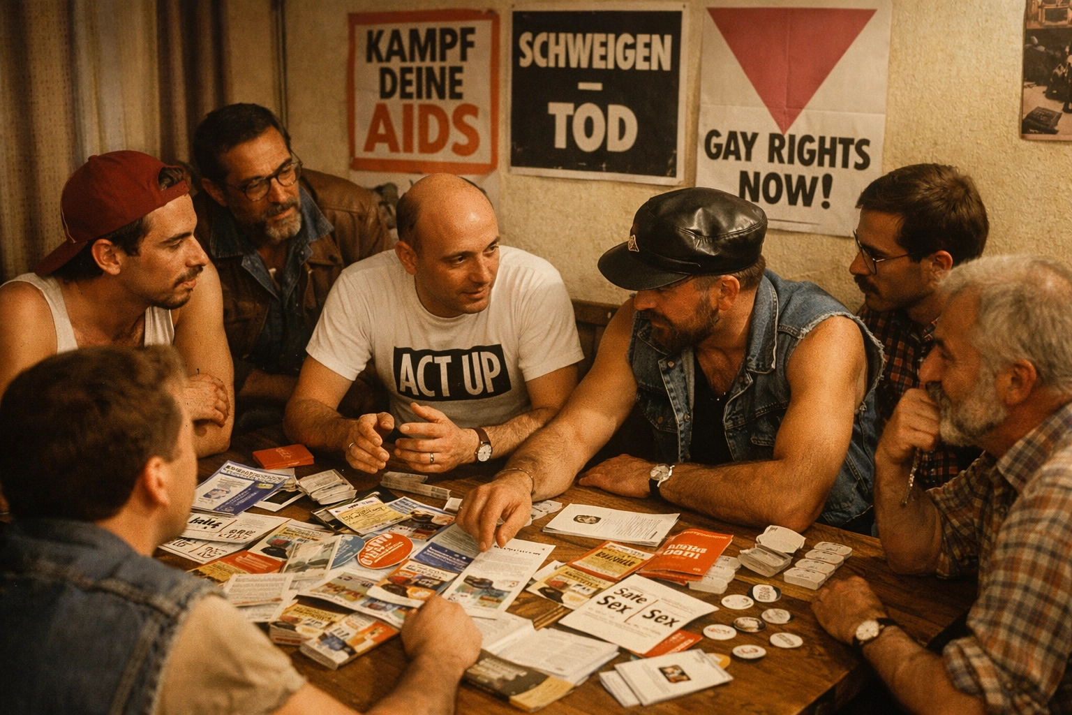 German AIDS activists collaborate on education materials in 1980s Deutsche AIDS-Hilfe meeting