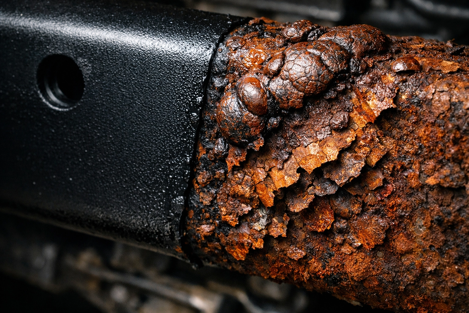 Close-up of a vehicle chassis rail showing bubbling paint and scaly orange rust flakes.