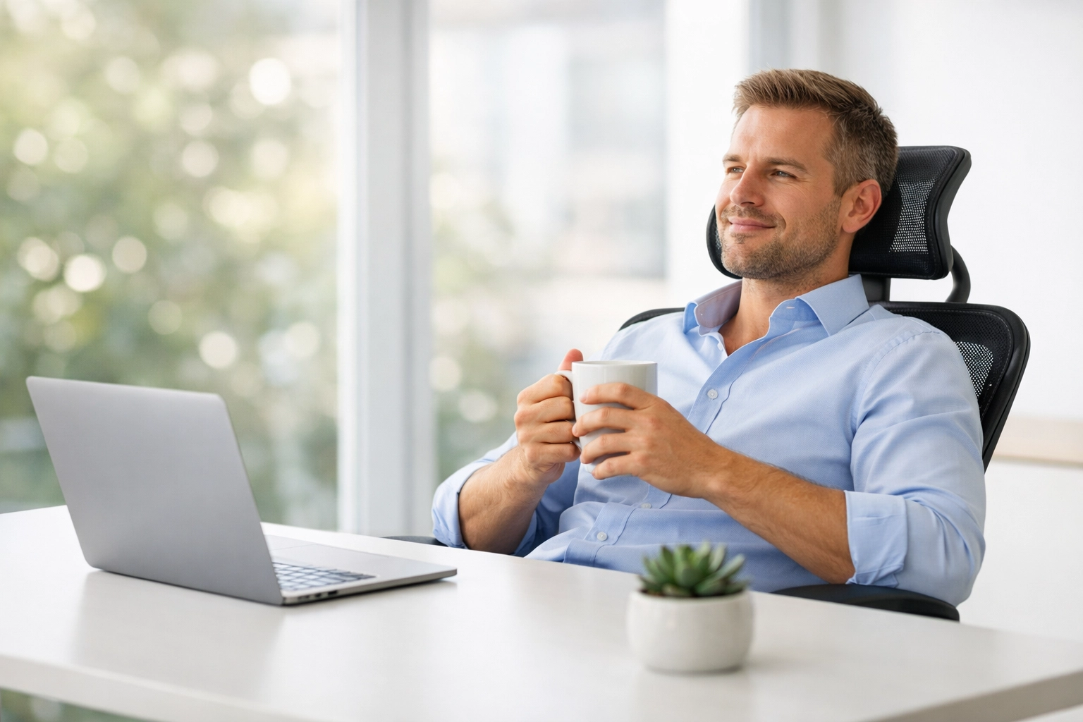 Relaxed business owner using workflow automation for small business to focus on growth.