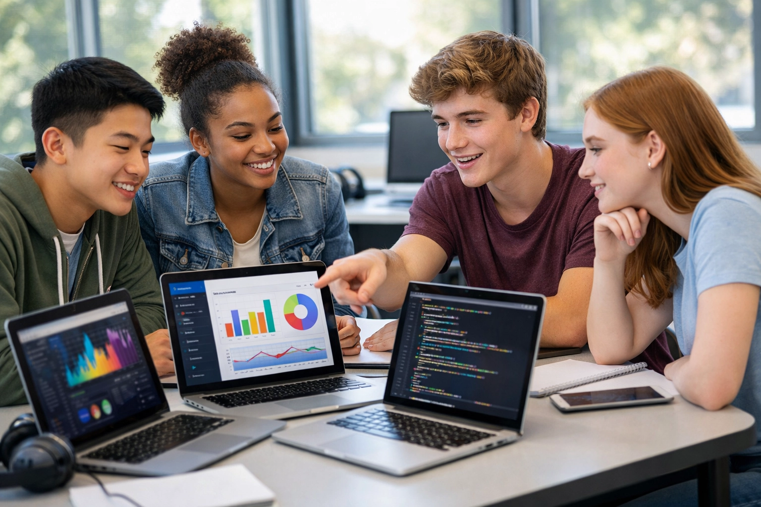 High school students collaborating on coding and data analytics projects in modern computer lab