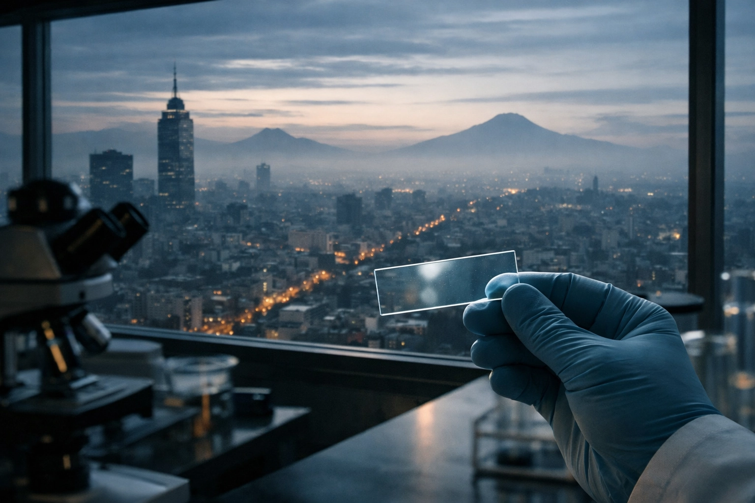 A microscope slide held in a Mexico City lab at dawn, representing AI diagnostic expansion in Latin America.