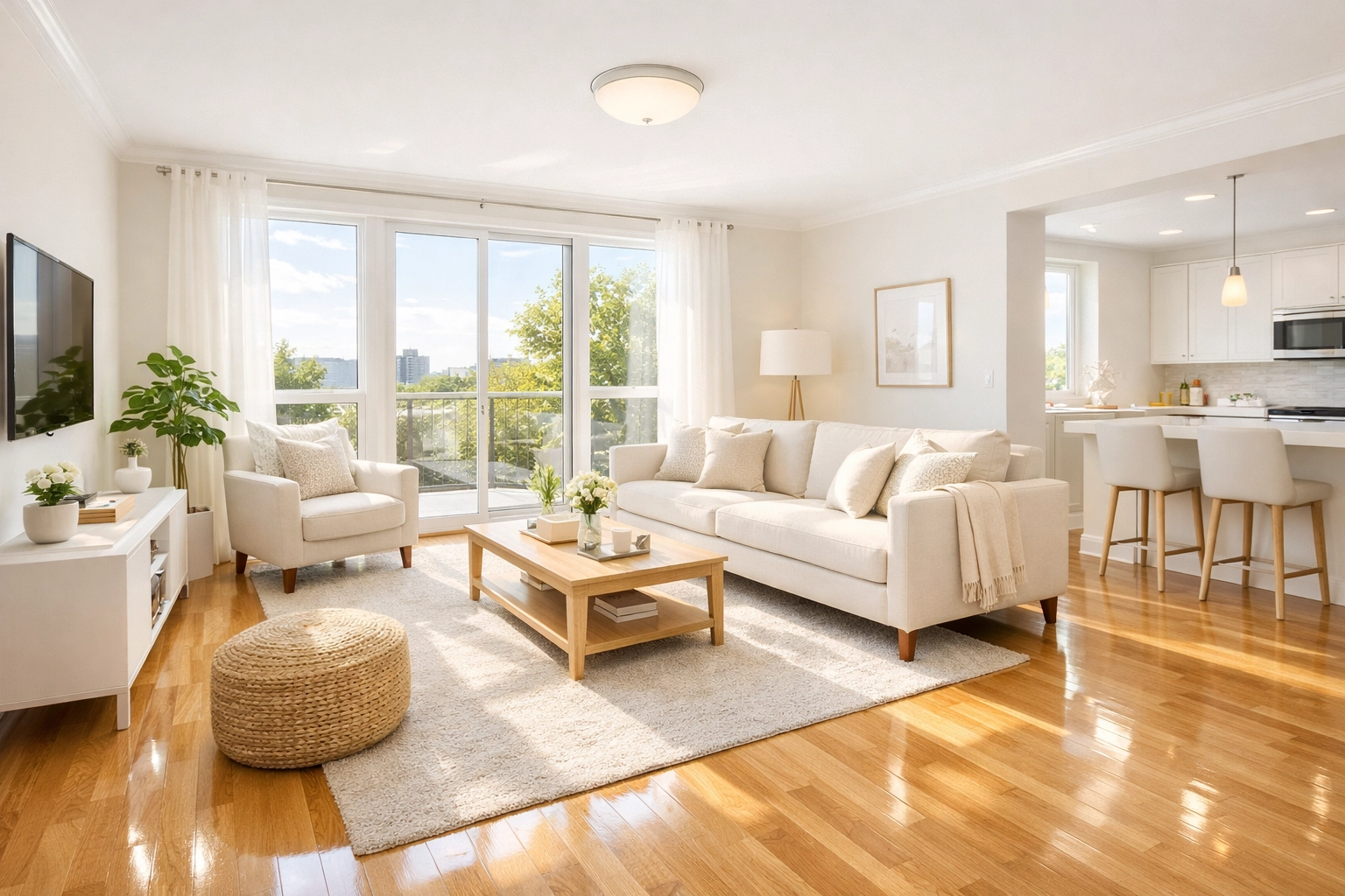 Spotless move-in ready apartment with pristine floors and natural light for property showing