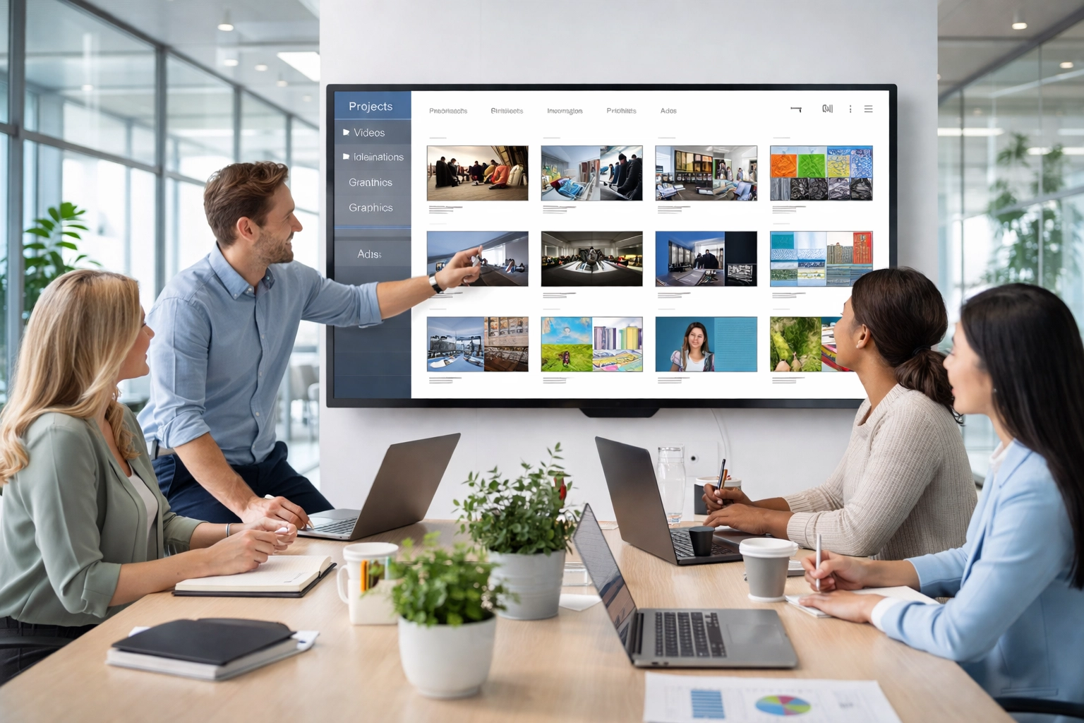 Marketing team collaborates in a modern office, organizing media assets on a digital display for strategic brand partnerships.