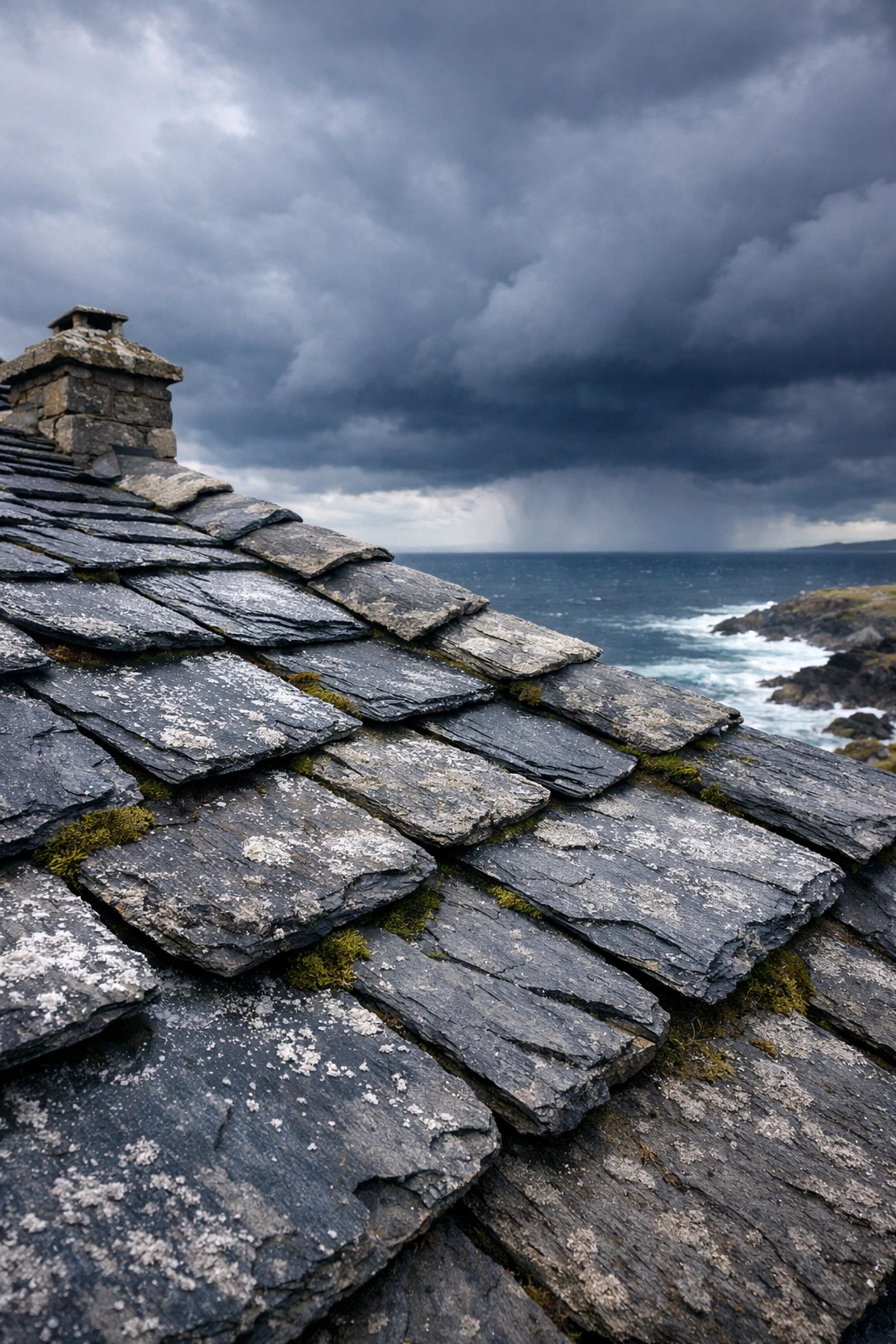 Weathered slate roof in Coleraine showing coastal storm damage, moss growth, and salt erosion