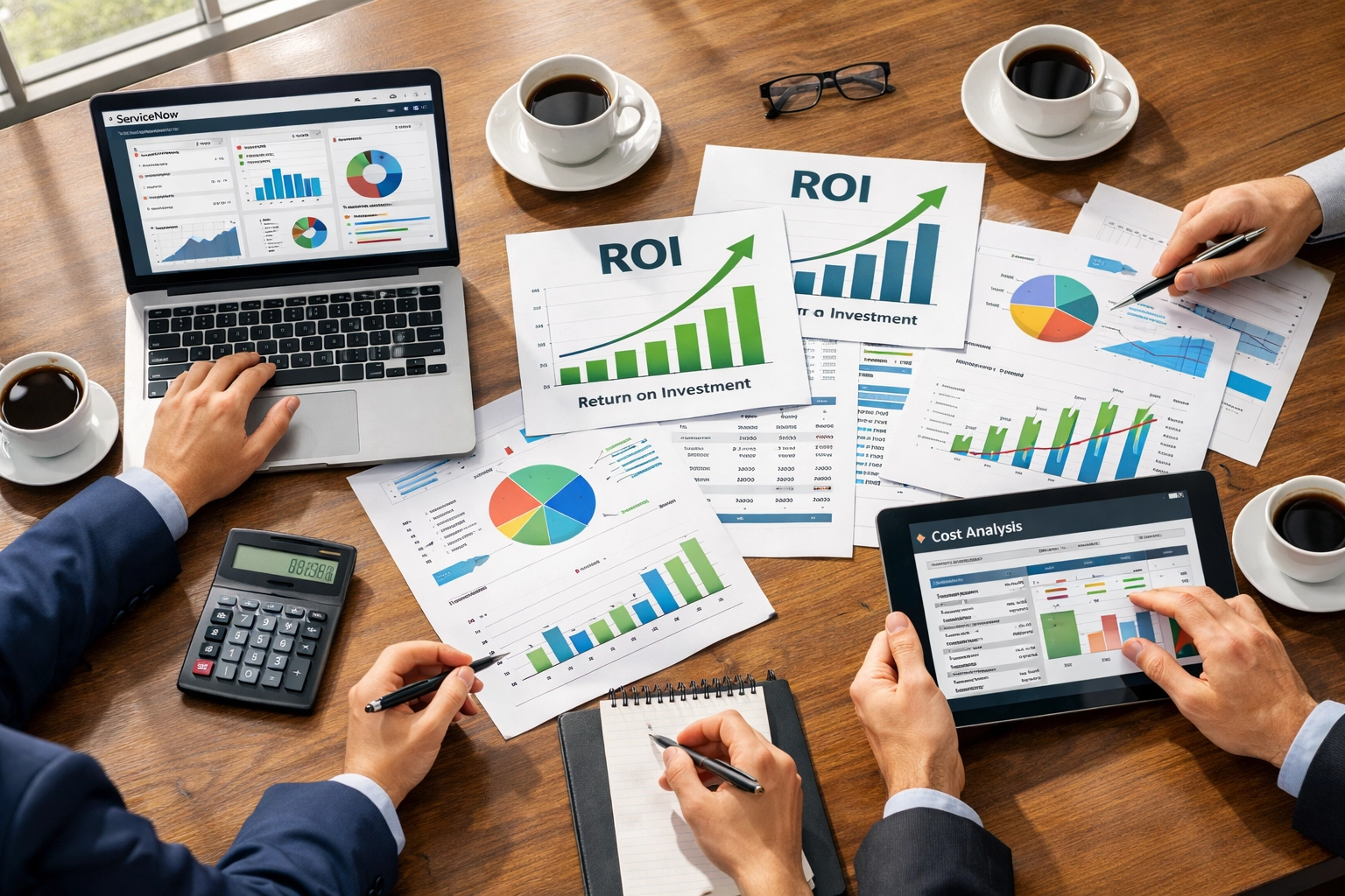 Business team analyzing ServiceNow consulting ROI and implementation costs with financial dashboards