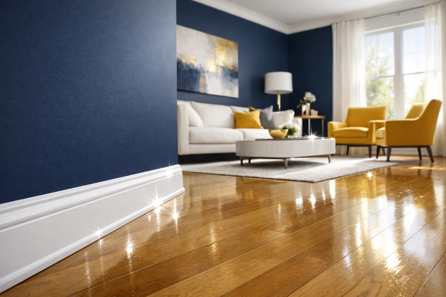 A luxury living room with sparkling clean white baseboards following a Cleaning Ninjas service.