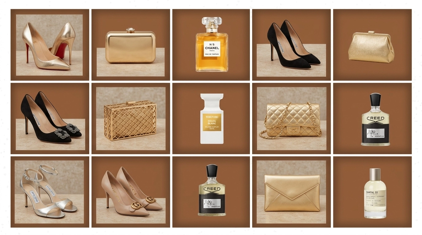 Flat-lay of luxury fashion accessories like heels and perfume
