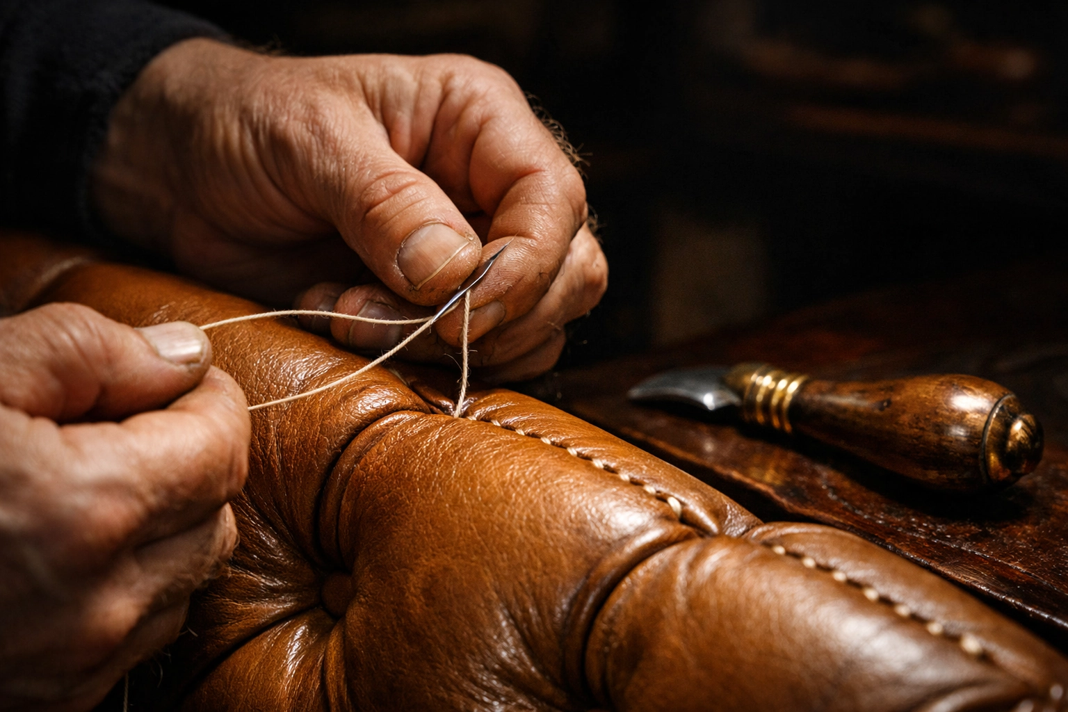 Artisan hand-stitching a bespoke leather headboard for a luxury hotel upholstery project.