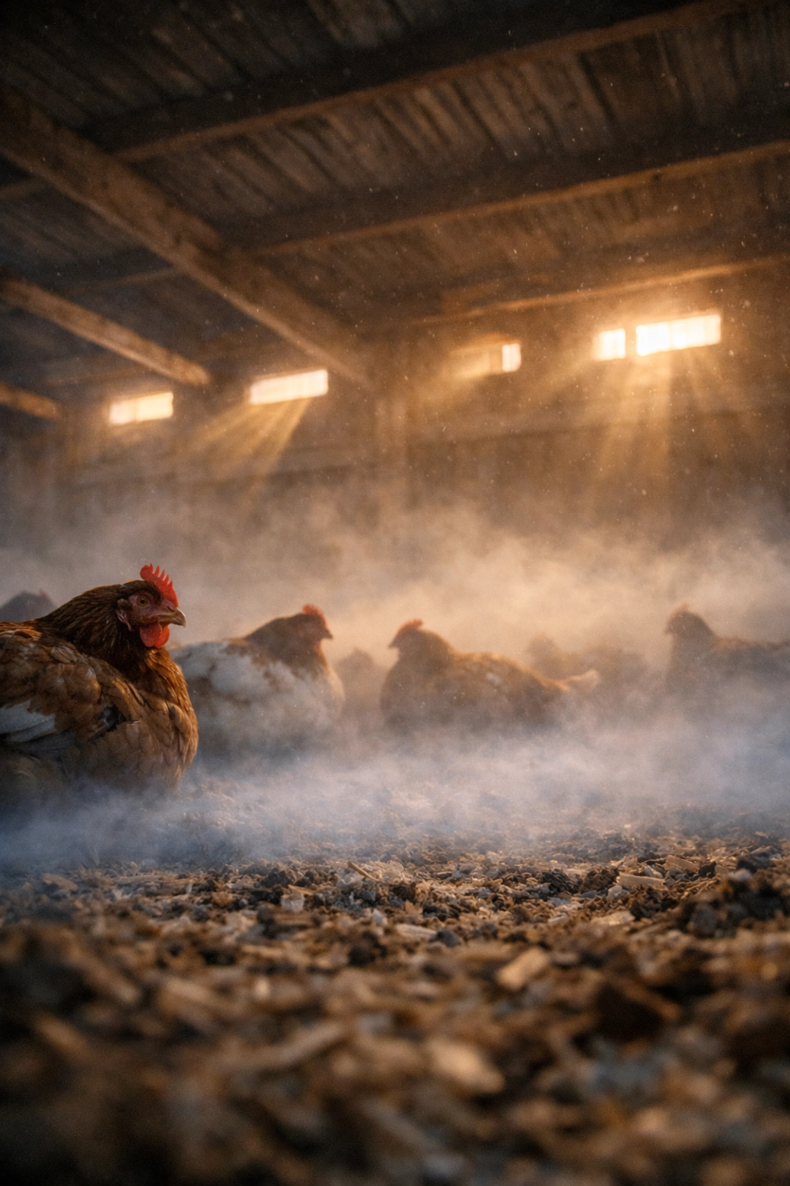Floor-level view of poultry house showing cold air stratification and CO2 accumulation at bird level