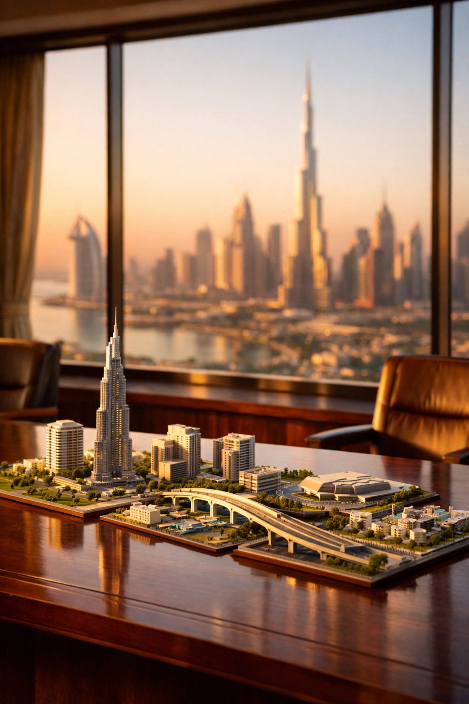 GCC strategic investment planning meeting room with Dubai skyline and infrastructure models