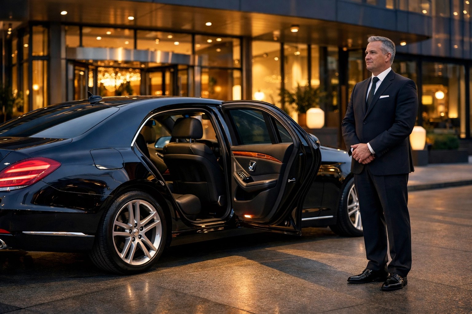 Professional chauffeur service with luxury sedan for executive Super Bowl transportation
