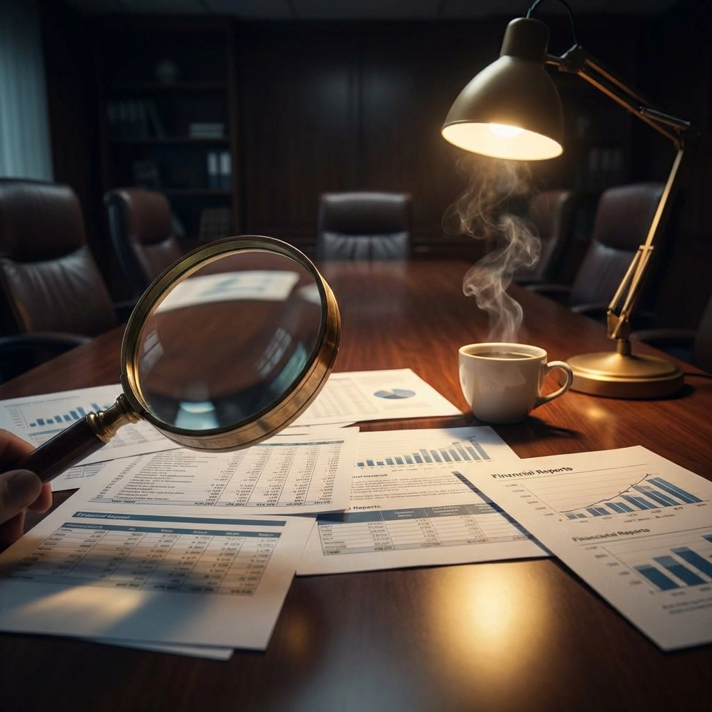 Magnifying glass analyzing financial documents, illustrating due diligence in institutional alternative investments.