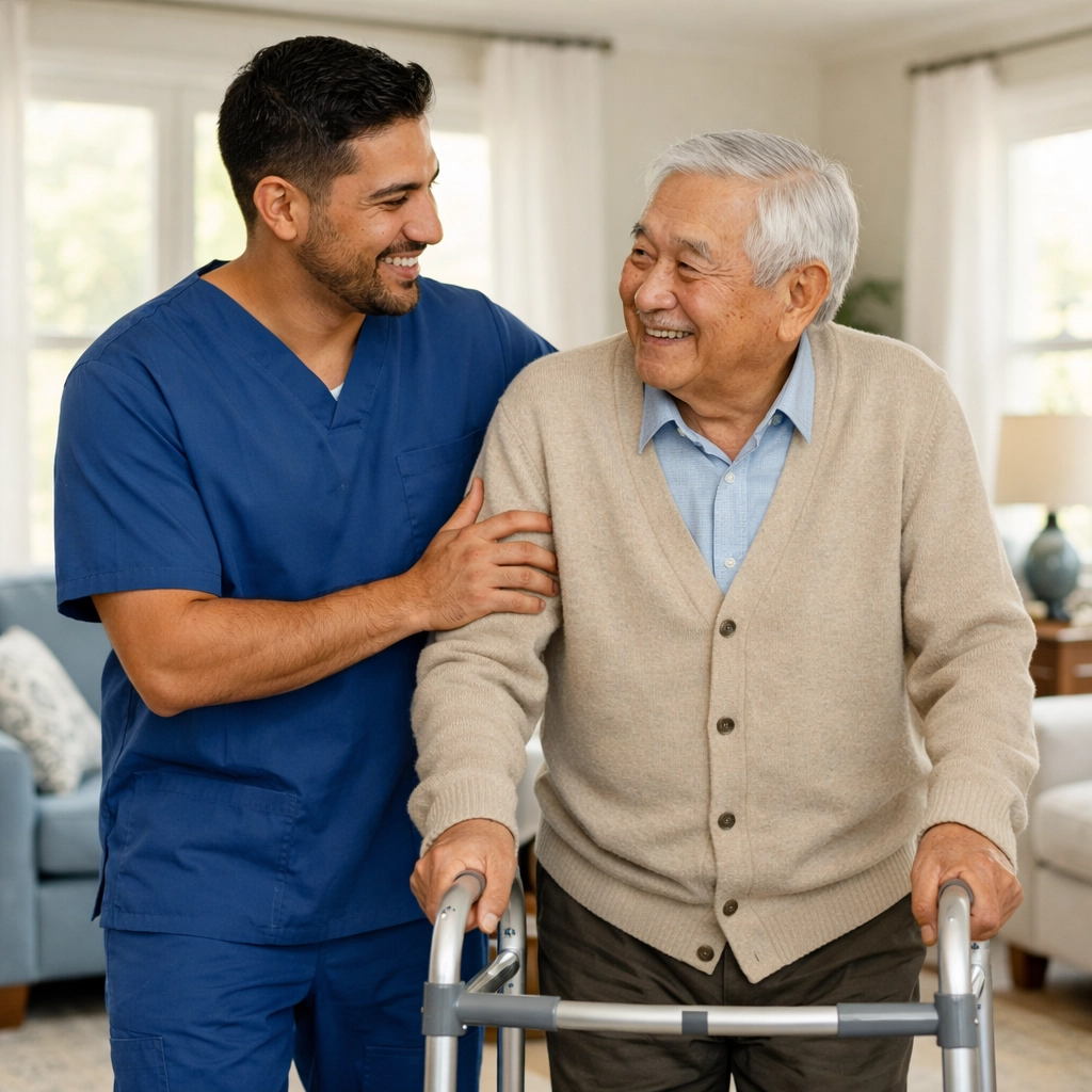 Professional caregiver assisting senior with walker for safe mobility at home
