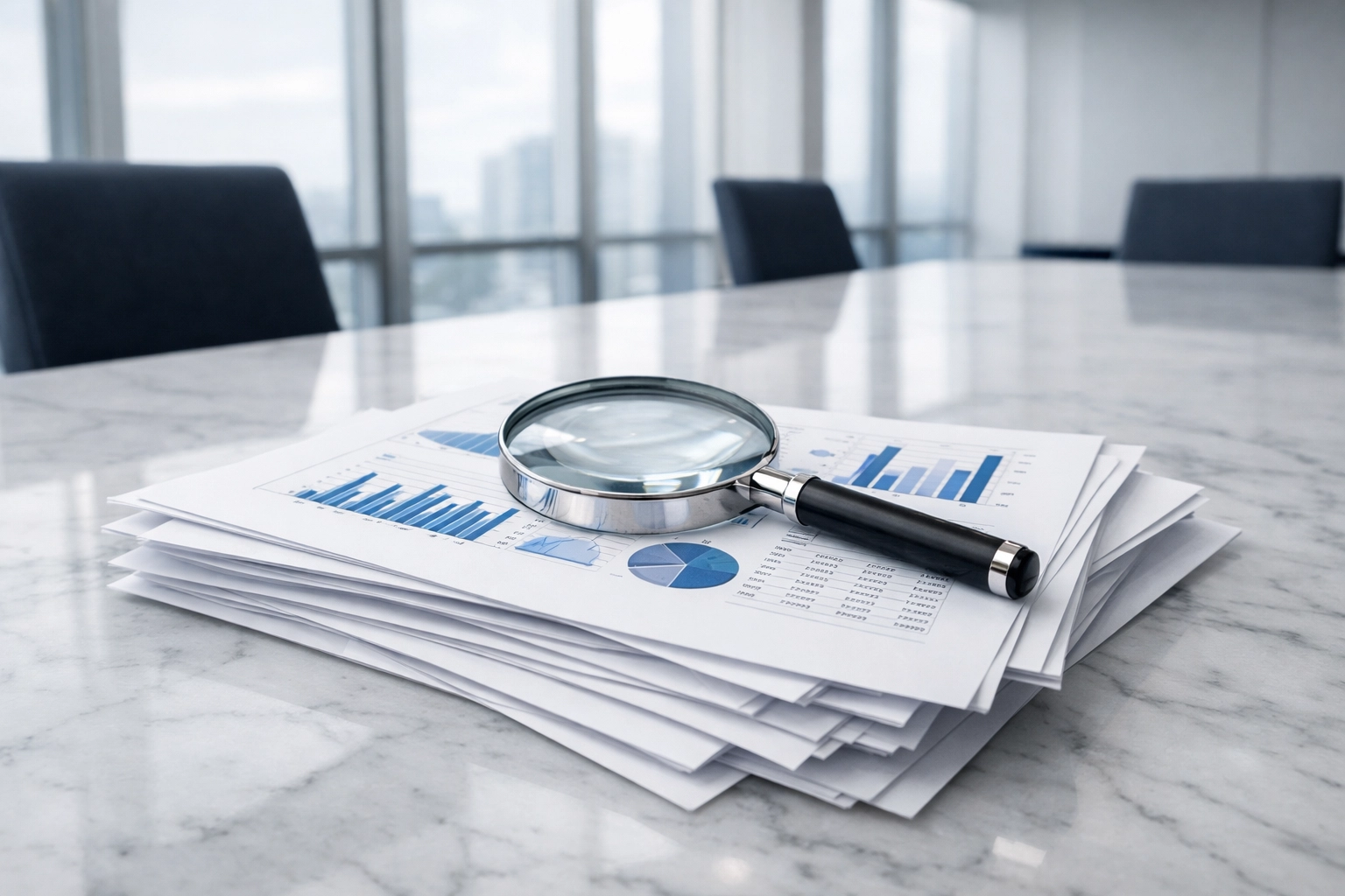 A magnifying glass on financial reports and tax records for a defensible Mississippi business valuation process.