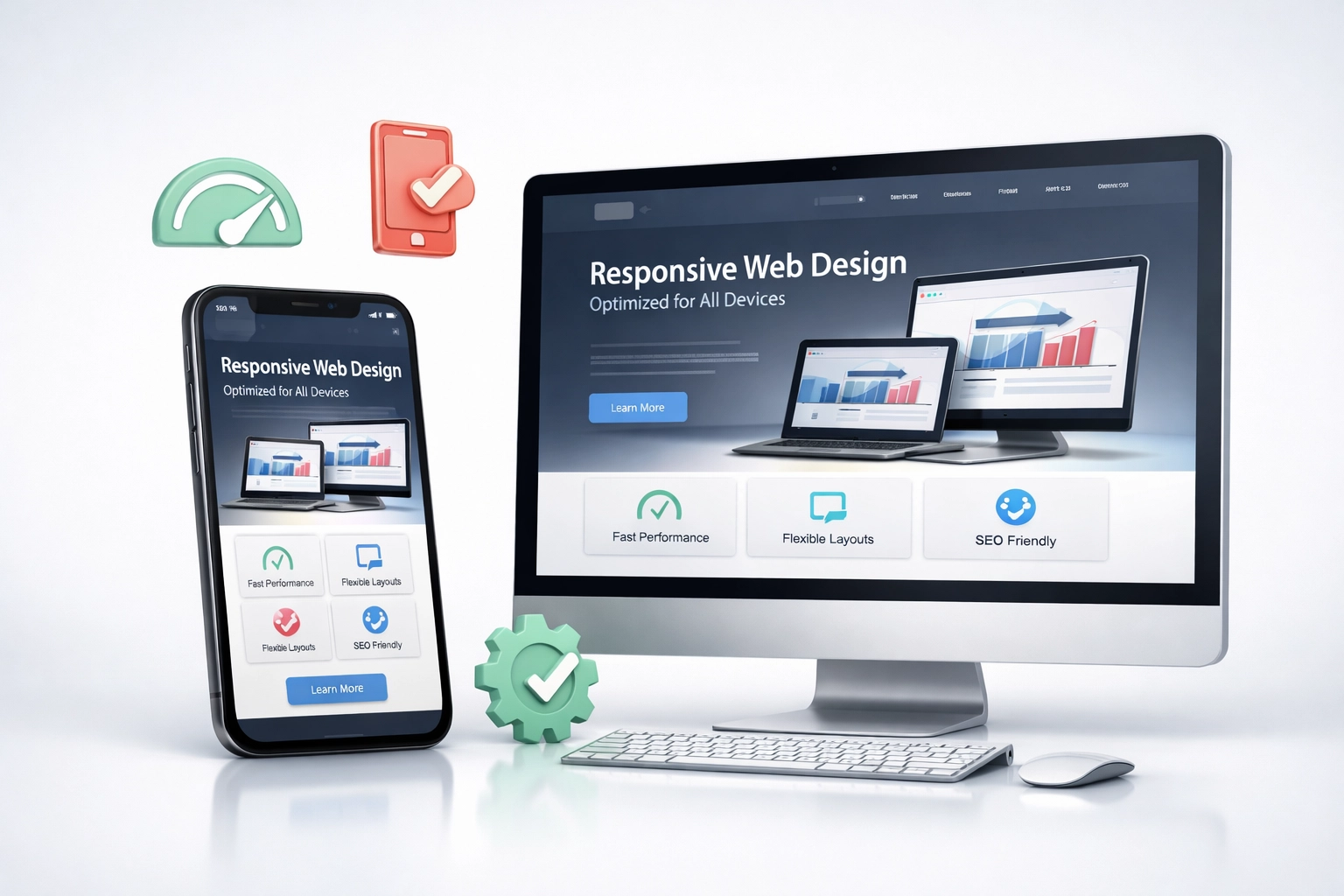 Mobile-friendly responsive website design displayed on smartphone and desktop with performance indicators