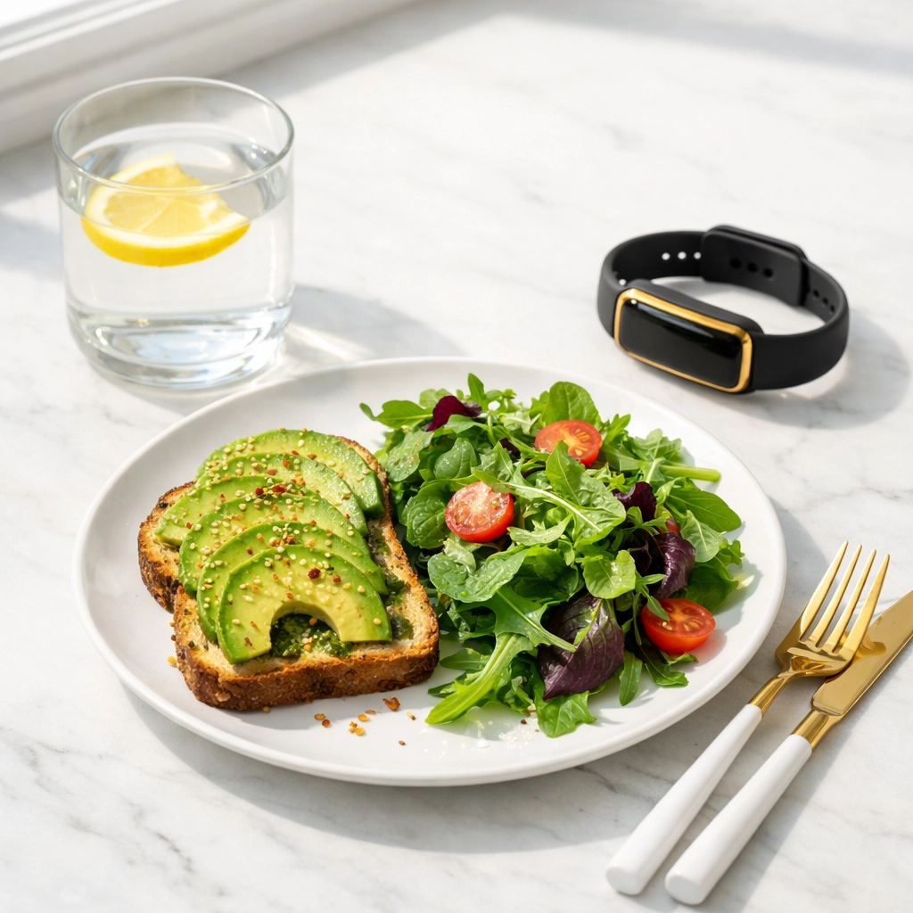 Nutritious meal and fitness tracker showing a holistic lifestyle approach to men's wellness and TRT.