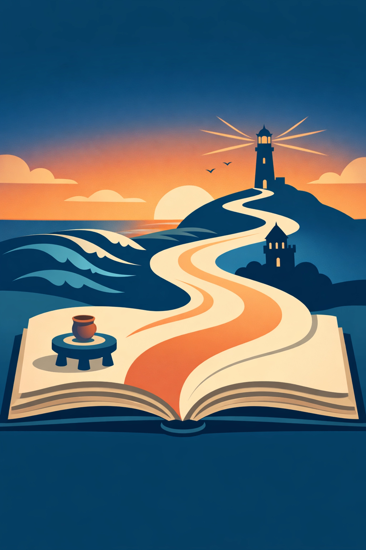 Open book transforming into a winding path leading to lighthouse, symbolizing faith journey and spiritual growth