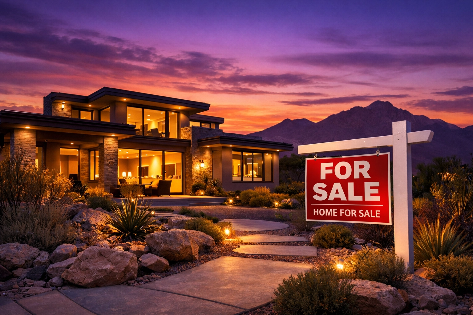 Las Vegas home for sale at dusk with desert landscaping representing February listing opportunity