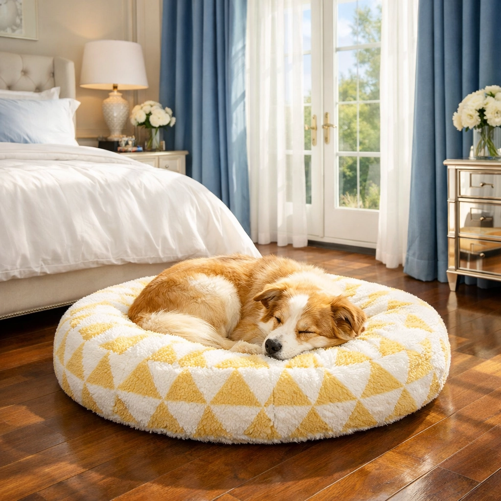 Happy dog sleeping in a fresh, clean pet bed in a sunlit, hygienic bedroom corner.