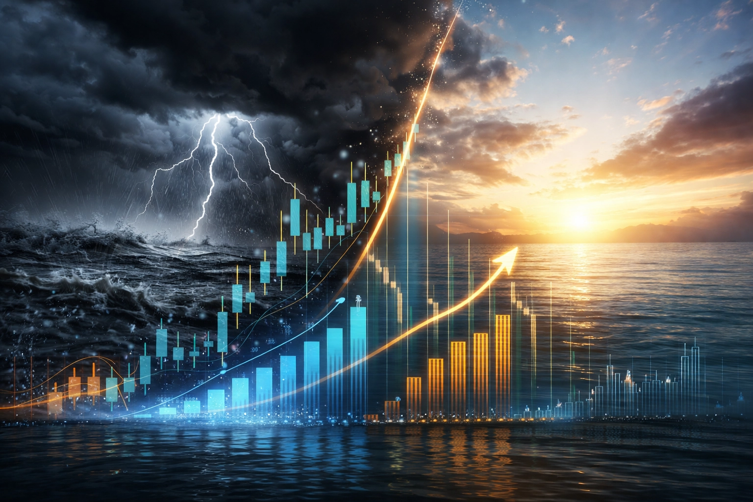 Dramatic financial market scene showing risk and opportunity for equity investment in a changing market